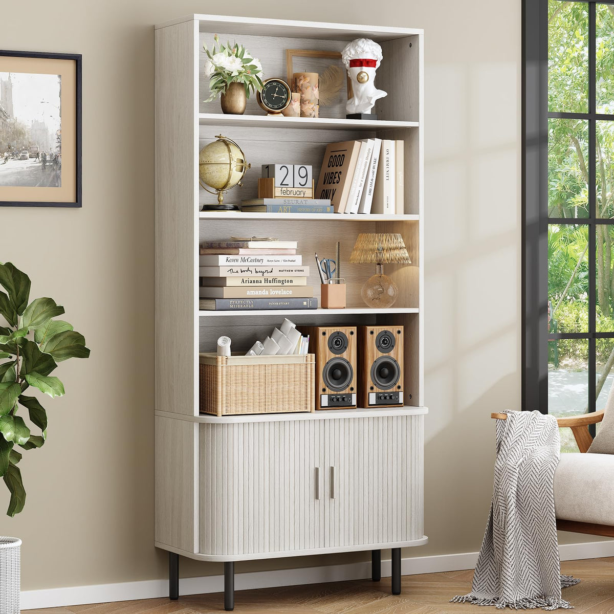 71" Bookshelf with Sliding Door & Tambour Cabinet