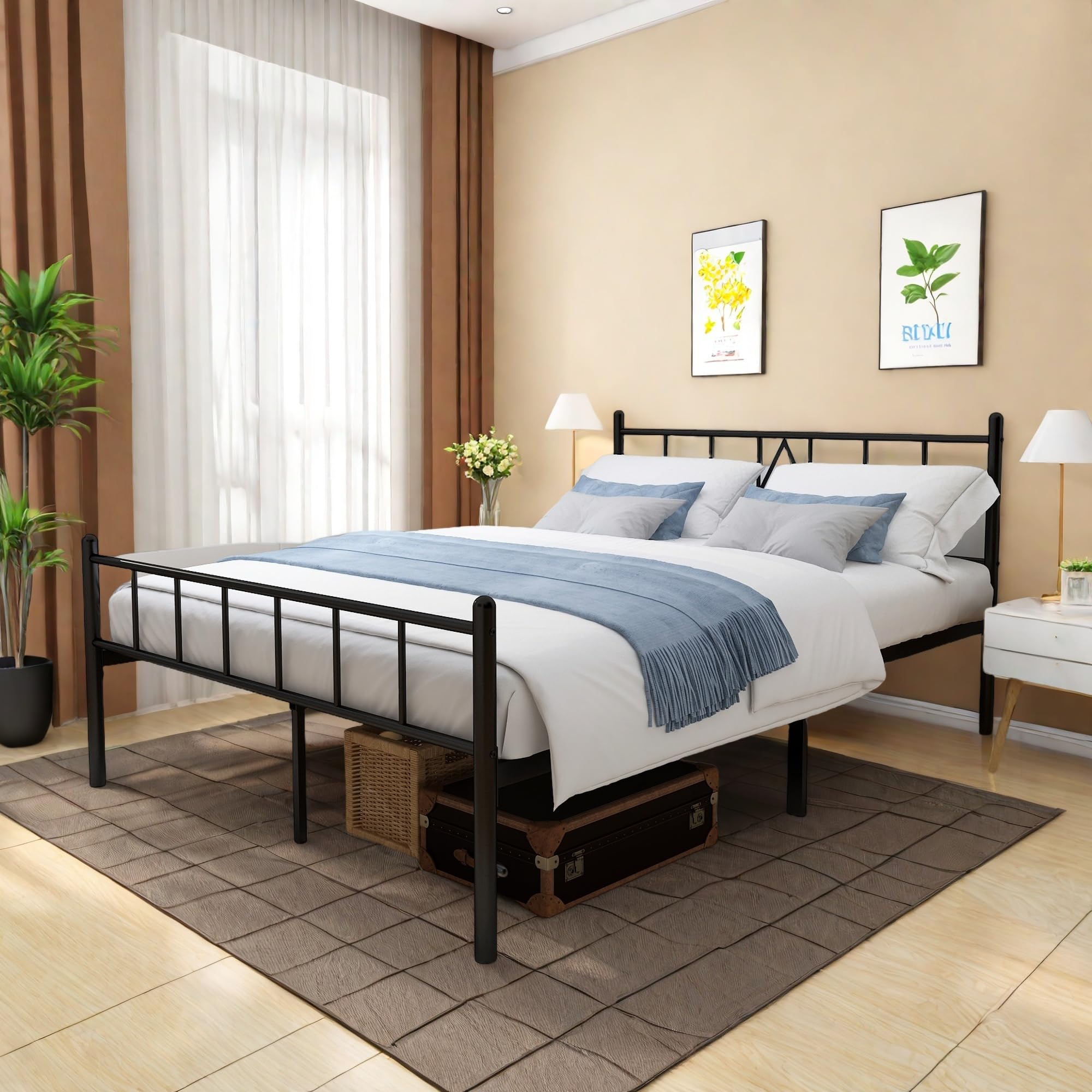 Full Size Bed Frame, 14 Inch Metal Platform Bed with Iron-Art Headboard & Footboard