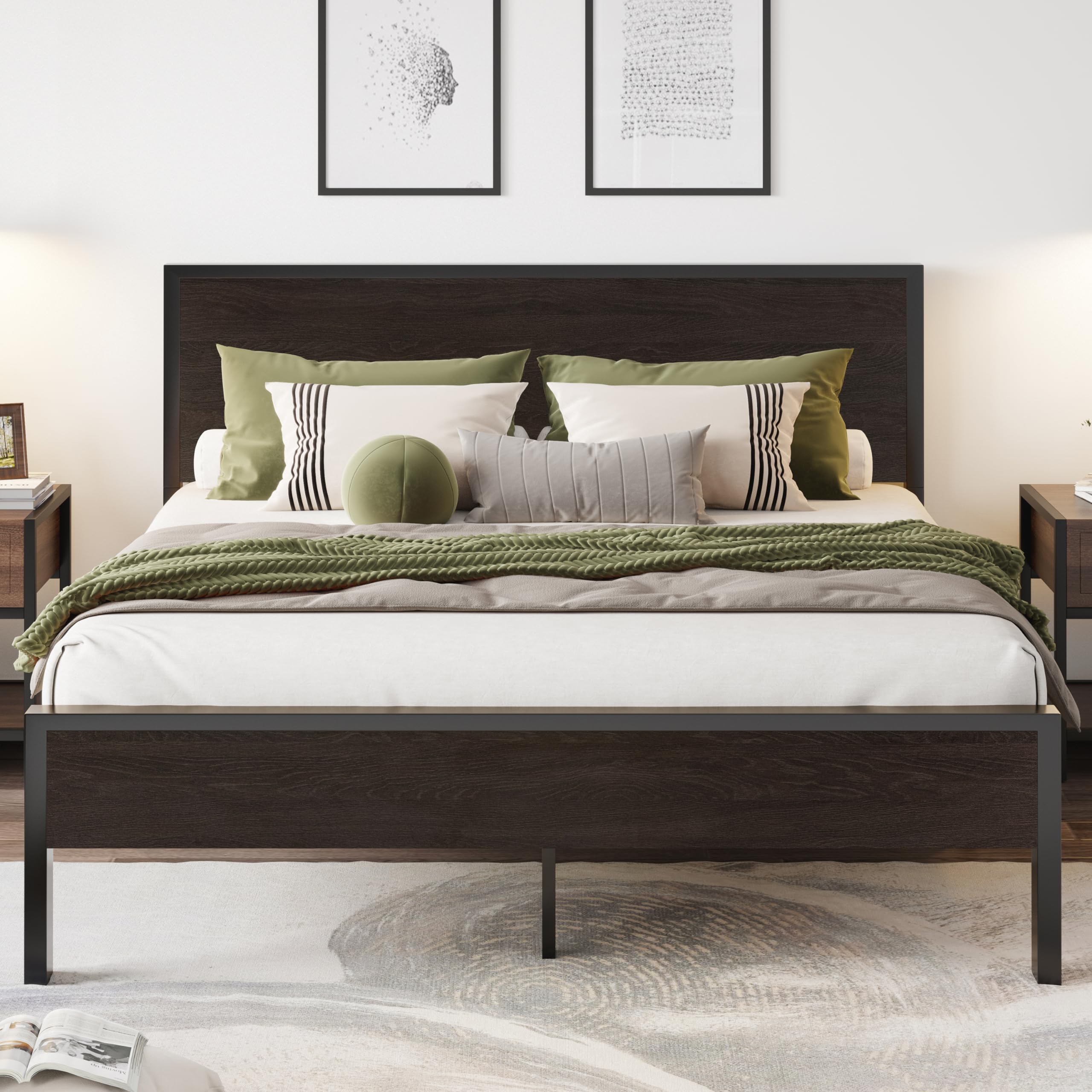 Queen Bed Frame with Headboard, Heavy Duty Platform Base with Under-Bed Storage