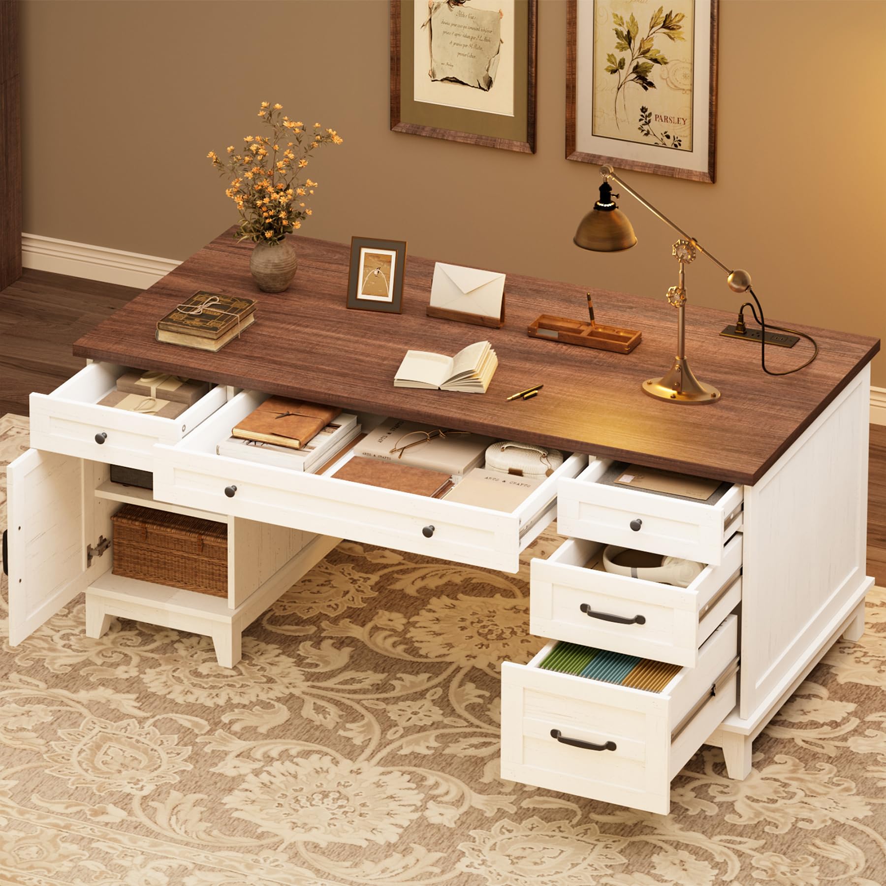 Executive Desk with File Drawers & Charging Station, 60"