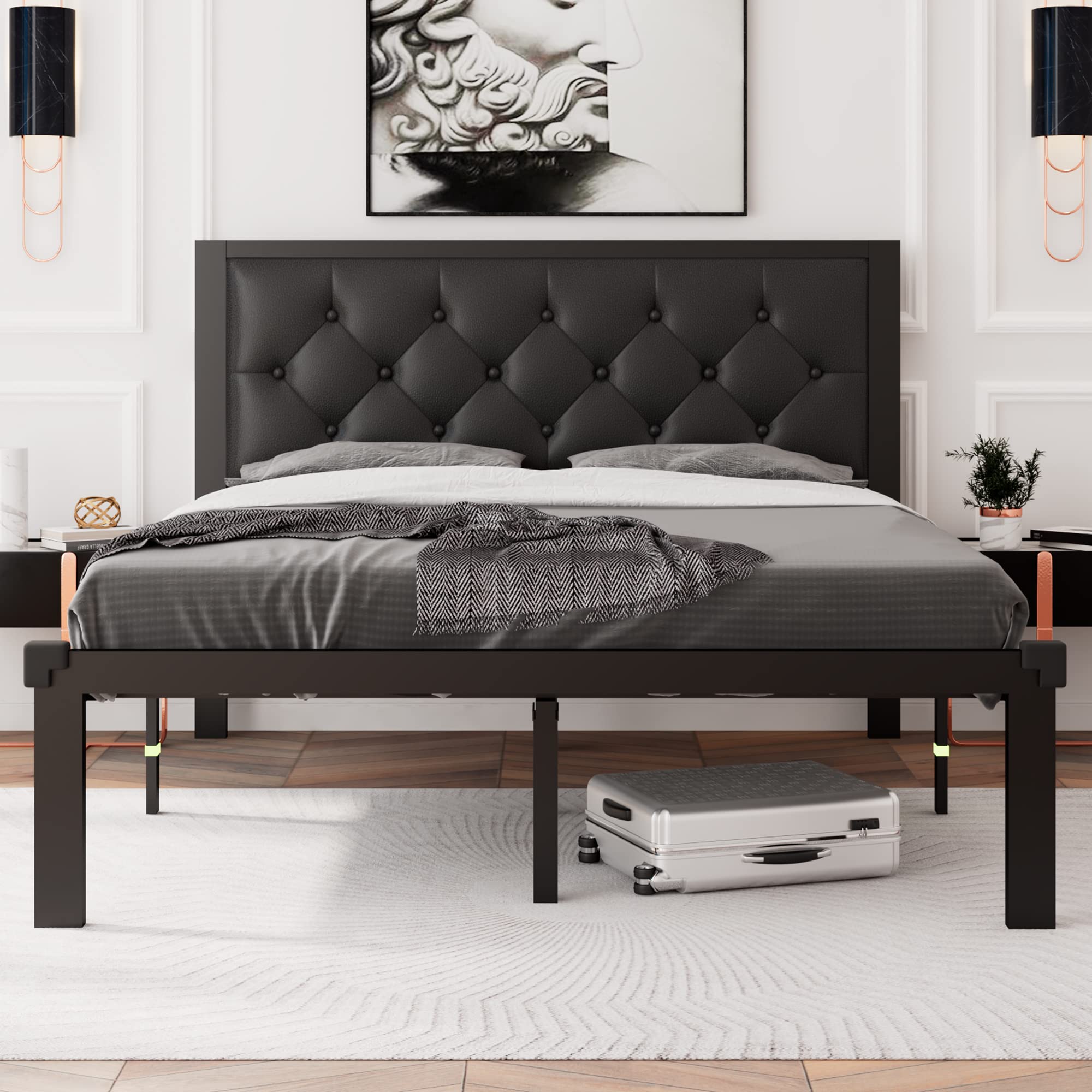 Full Size Metal Bed Frame with Faux Leather Button Tufted Headboard