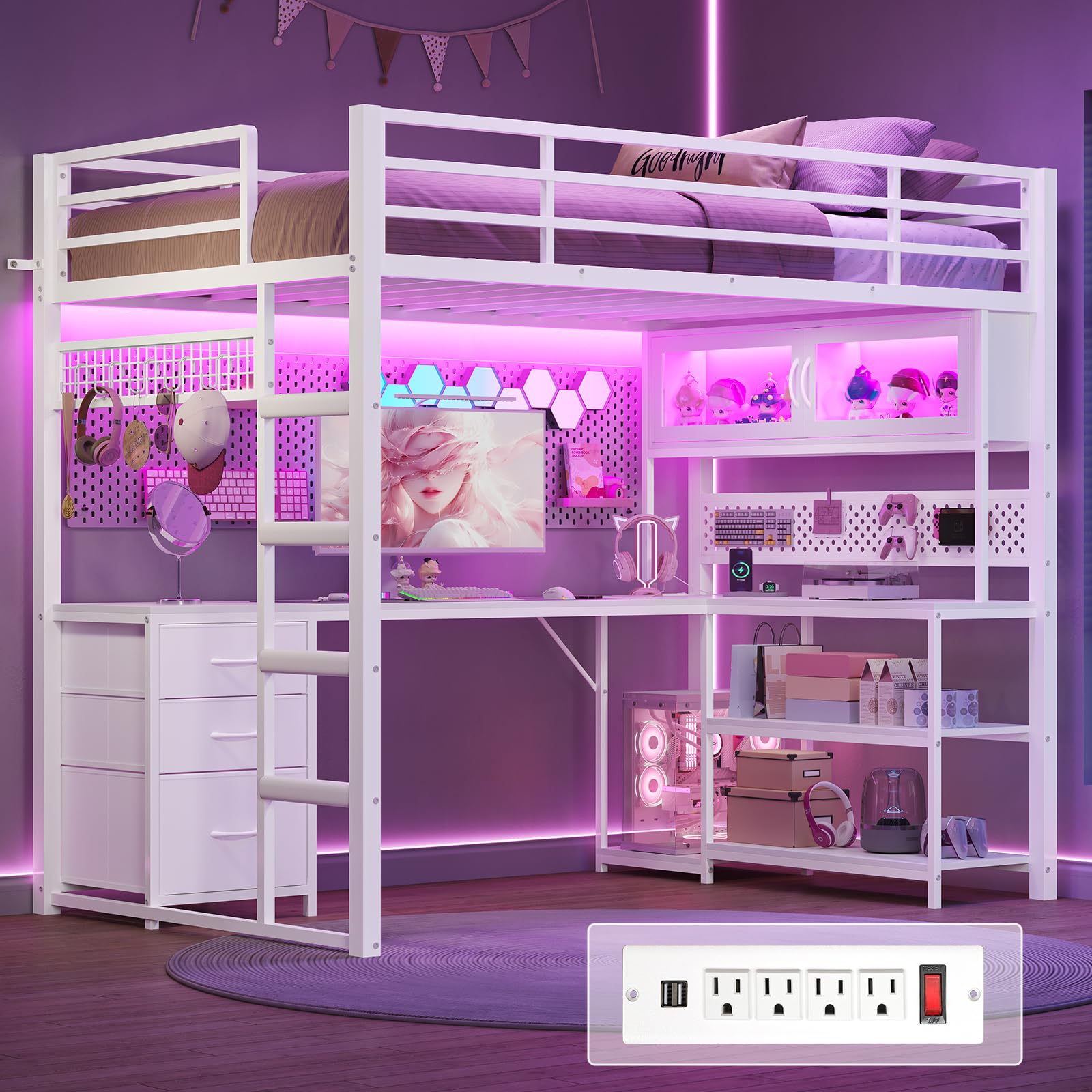 Twin Size Loft Bed with L-Shaped Desk, Storage Drawers & RGB Arcylic Cabineit