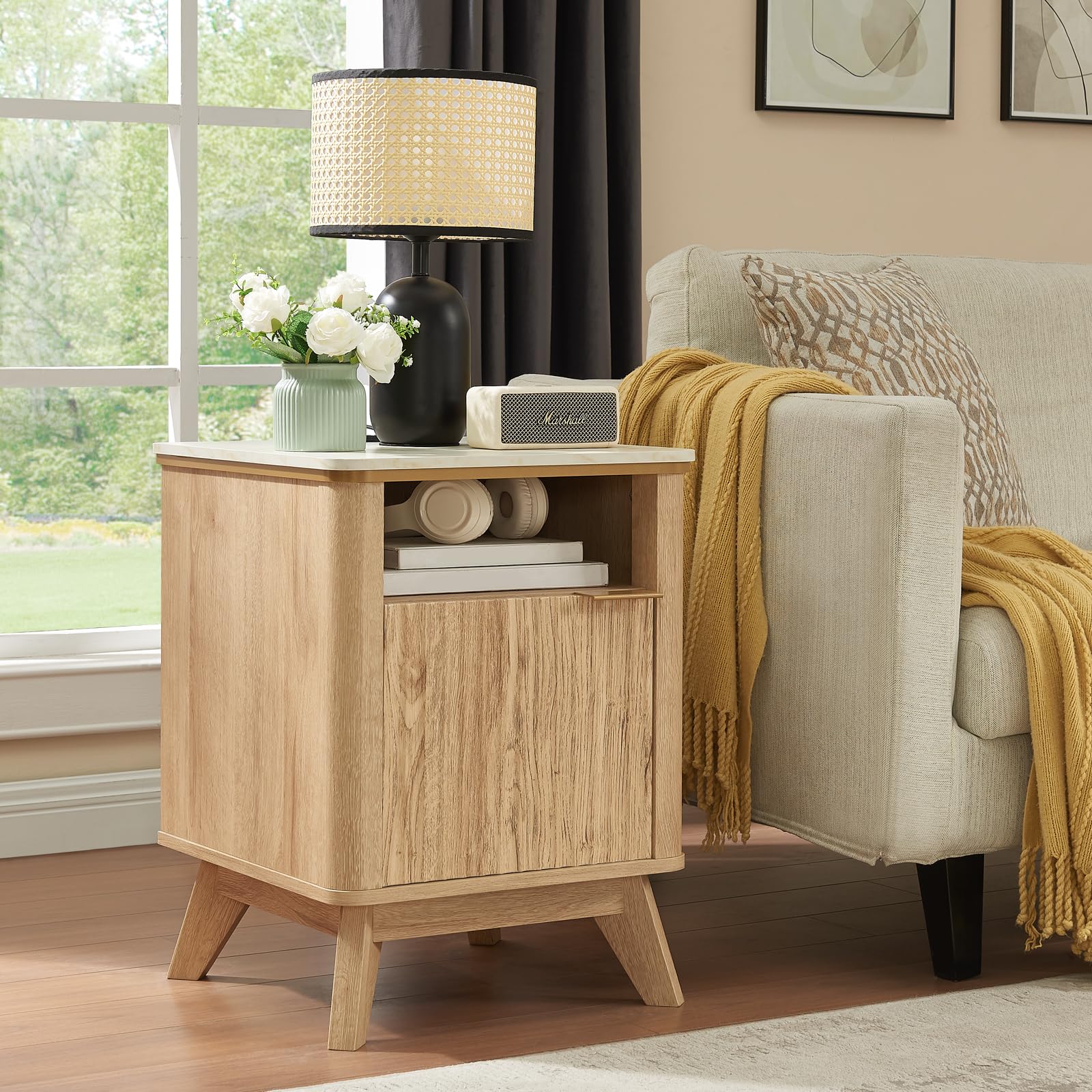 Fluted Nightstand Set of 2 with Charging Station, Bedside Table