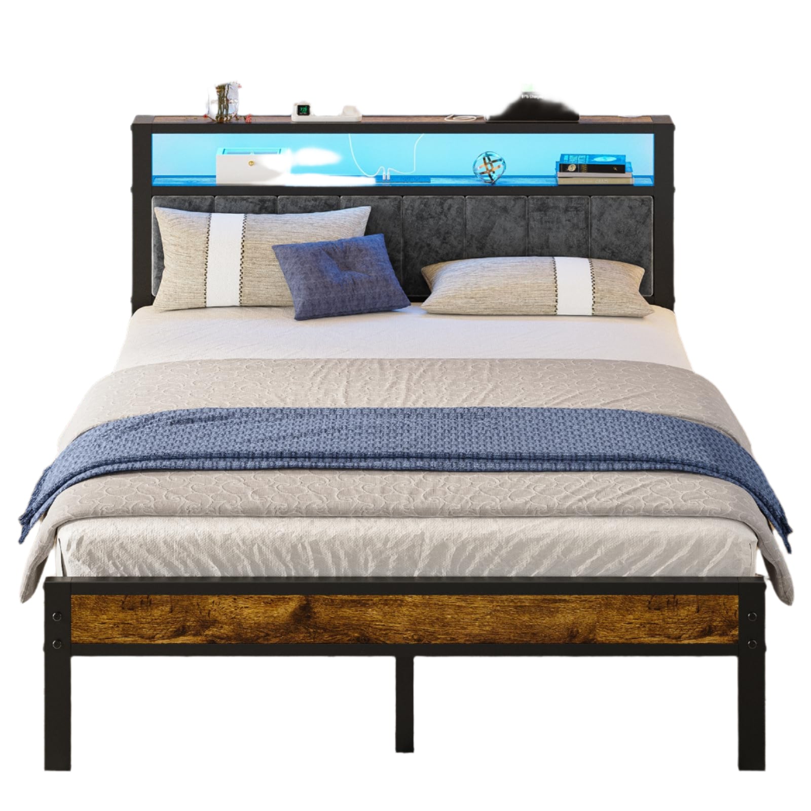 Queen Size Bed Frame with 2-Tier Storage Shelves Headboard