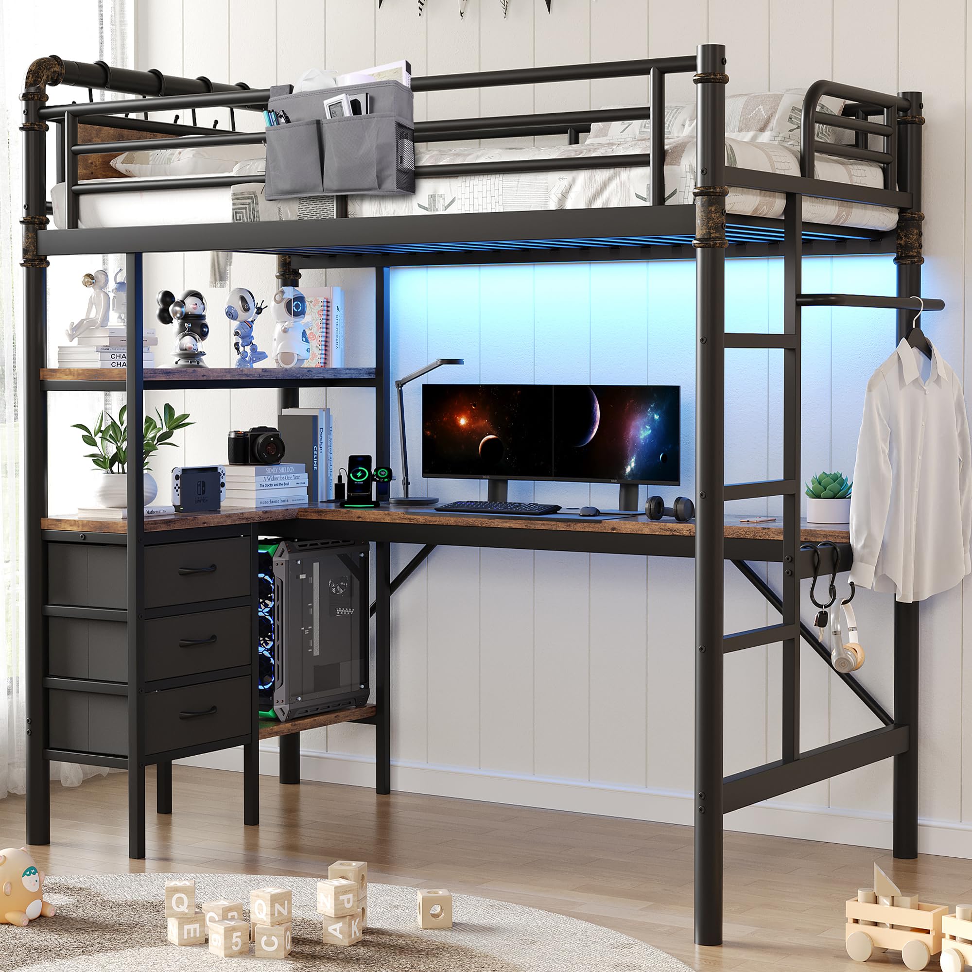 Twin Size Loft Bed with L-Shaped Desk, LED Lights,Charging Station