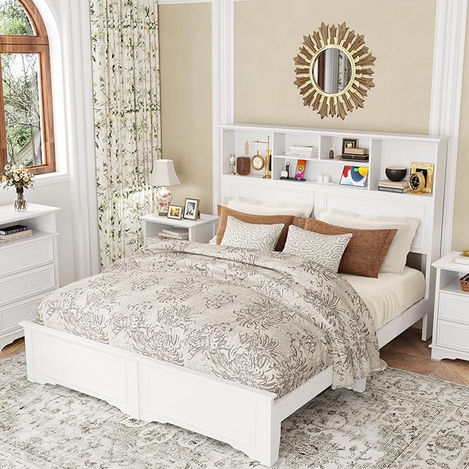 Queen Bed Frame with Headboard & 4 Storage Drawers, No Box Spring Needed Platform