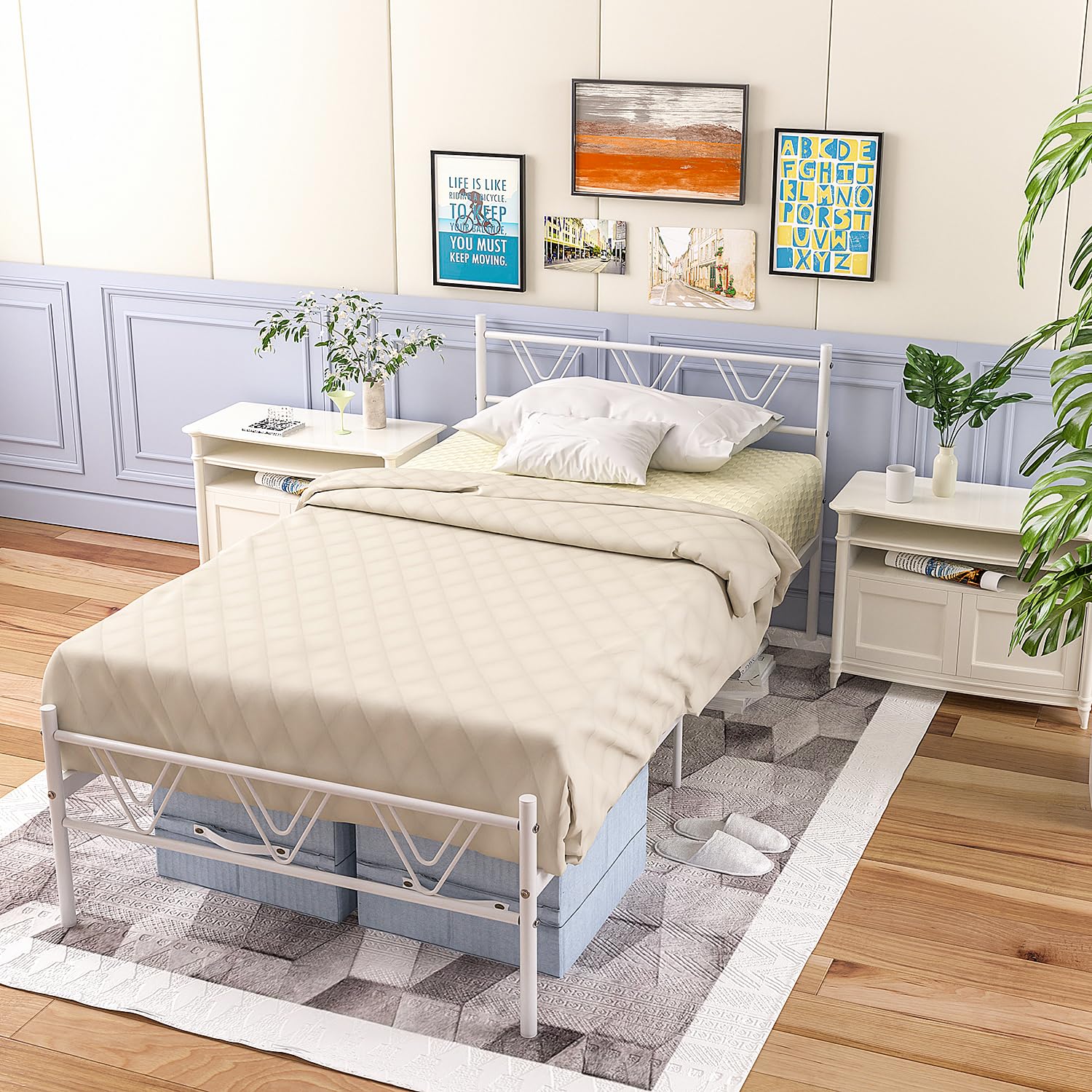 White Twin Bed Frames with Headboard, Twin Bed Frame
