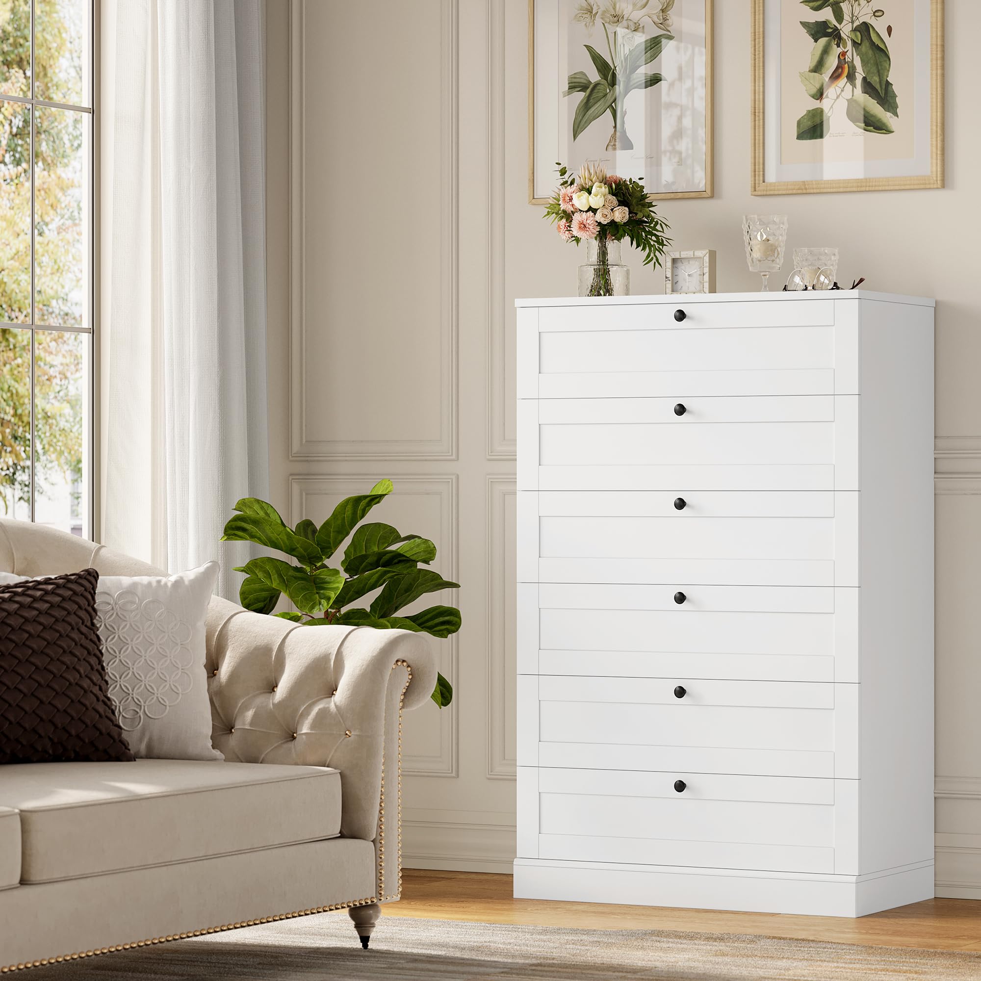 White 6 Drawer Dresser for Bedroom, 52" Tall Dresser & Chest of Drawers
