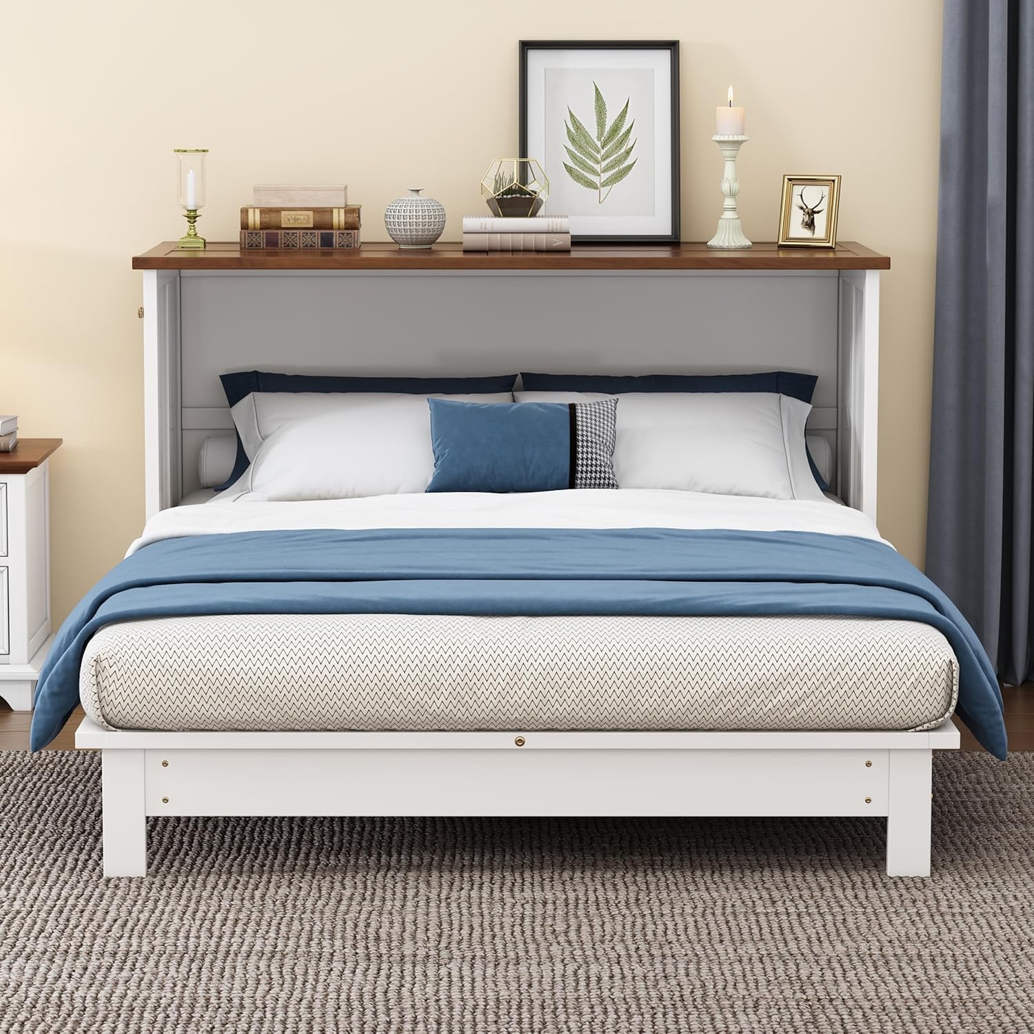 Solid Pine Queen Murphy Bed with Storage Drawer and Charging Station