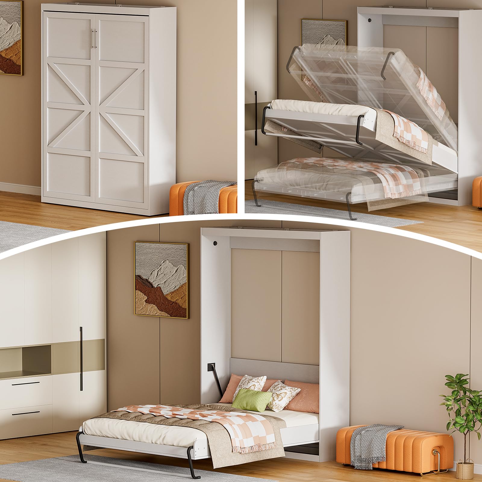 Queen Size Murphy Wall Bed, White, Space-Saving Furniture Bed Frame