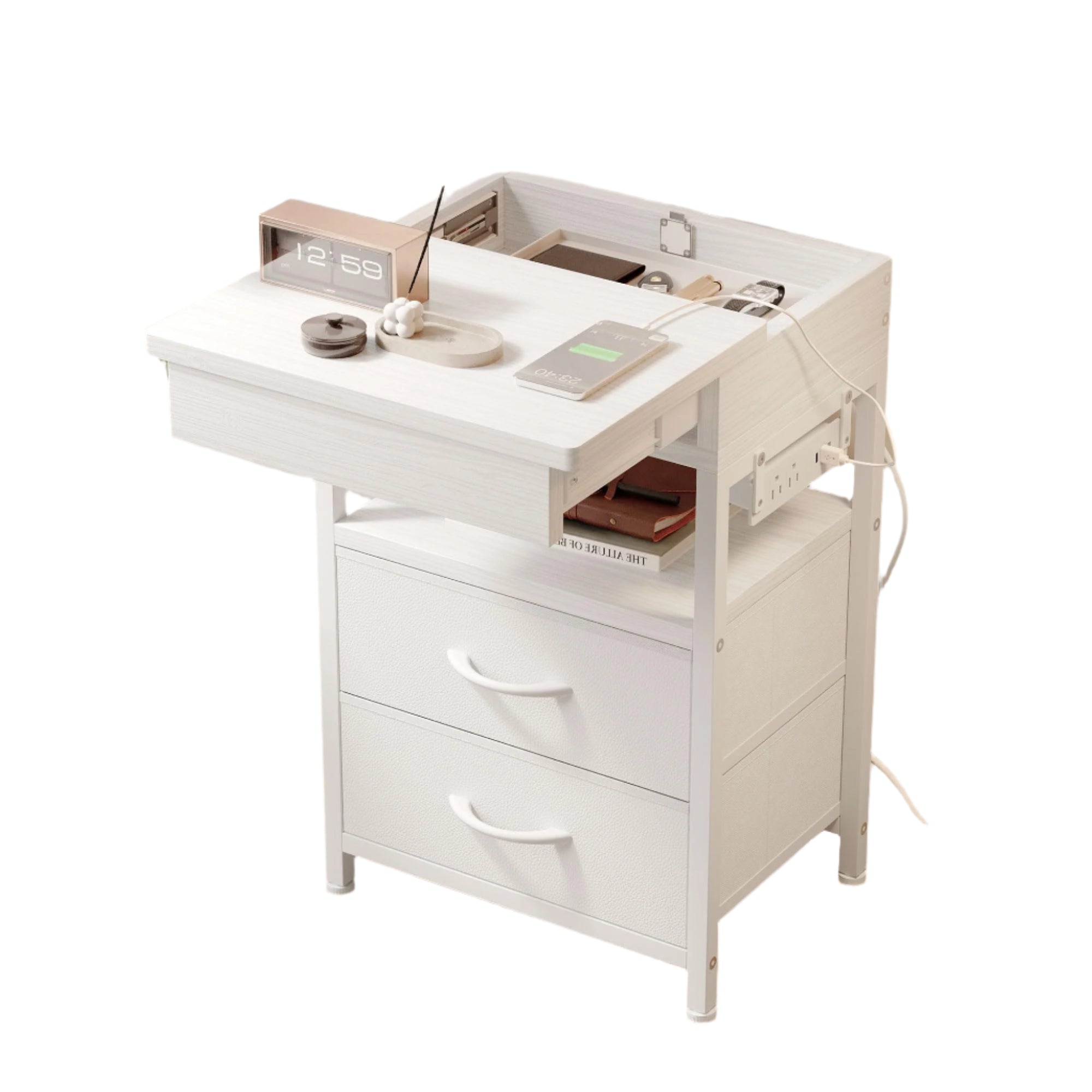 Nightstand Bedside Table Hidden Drawer - Night Stand with Charging Station