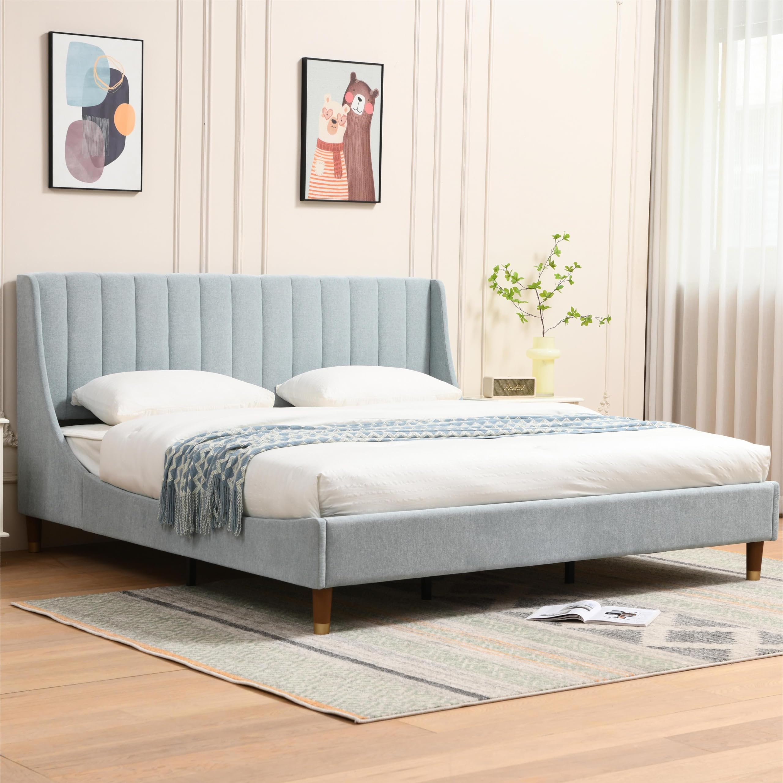 King Size Bed Frame with Linen Fabric Twin Wingback Headboard