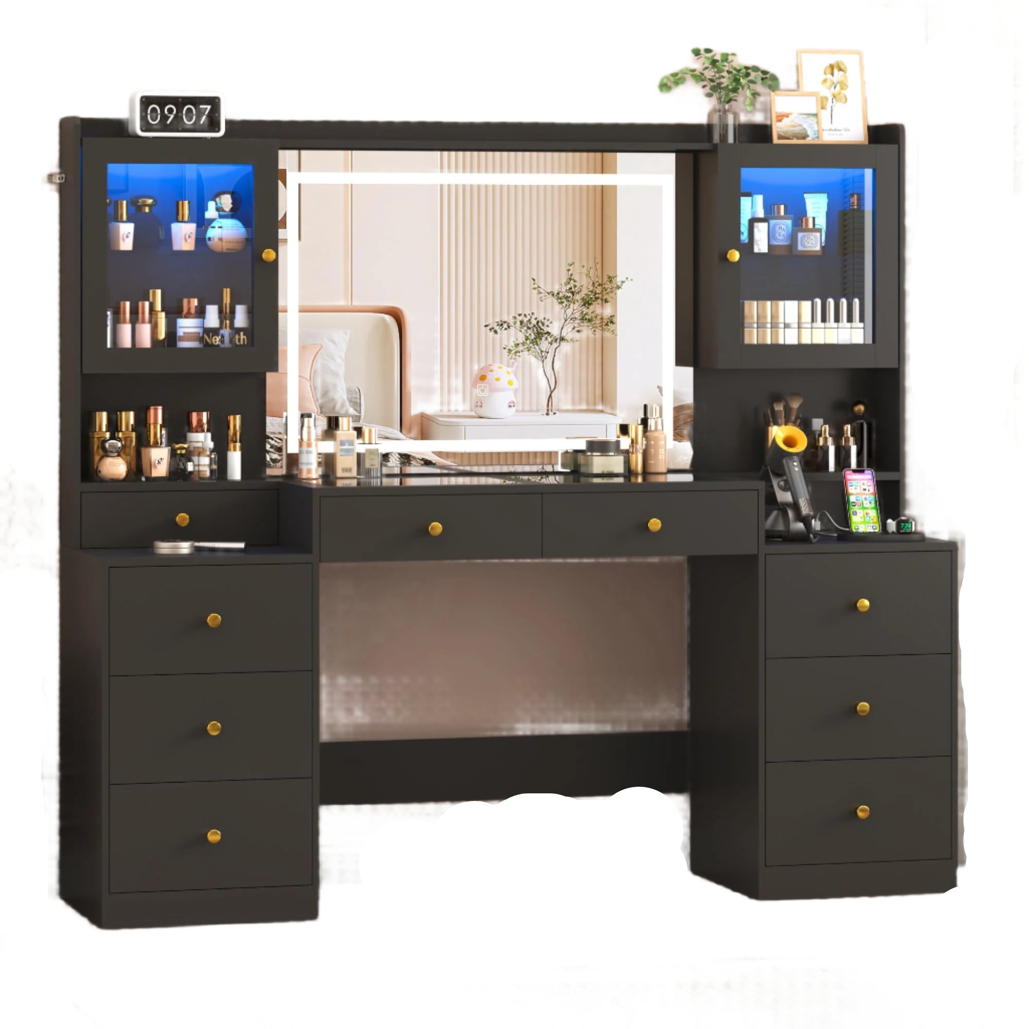 Tempered Glass Top,Outlet,62inch Black Makeup Vanity Table w/ 3 Lights