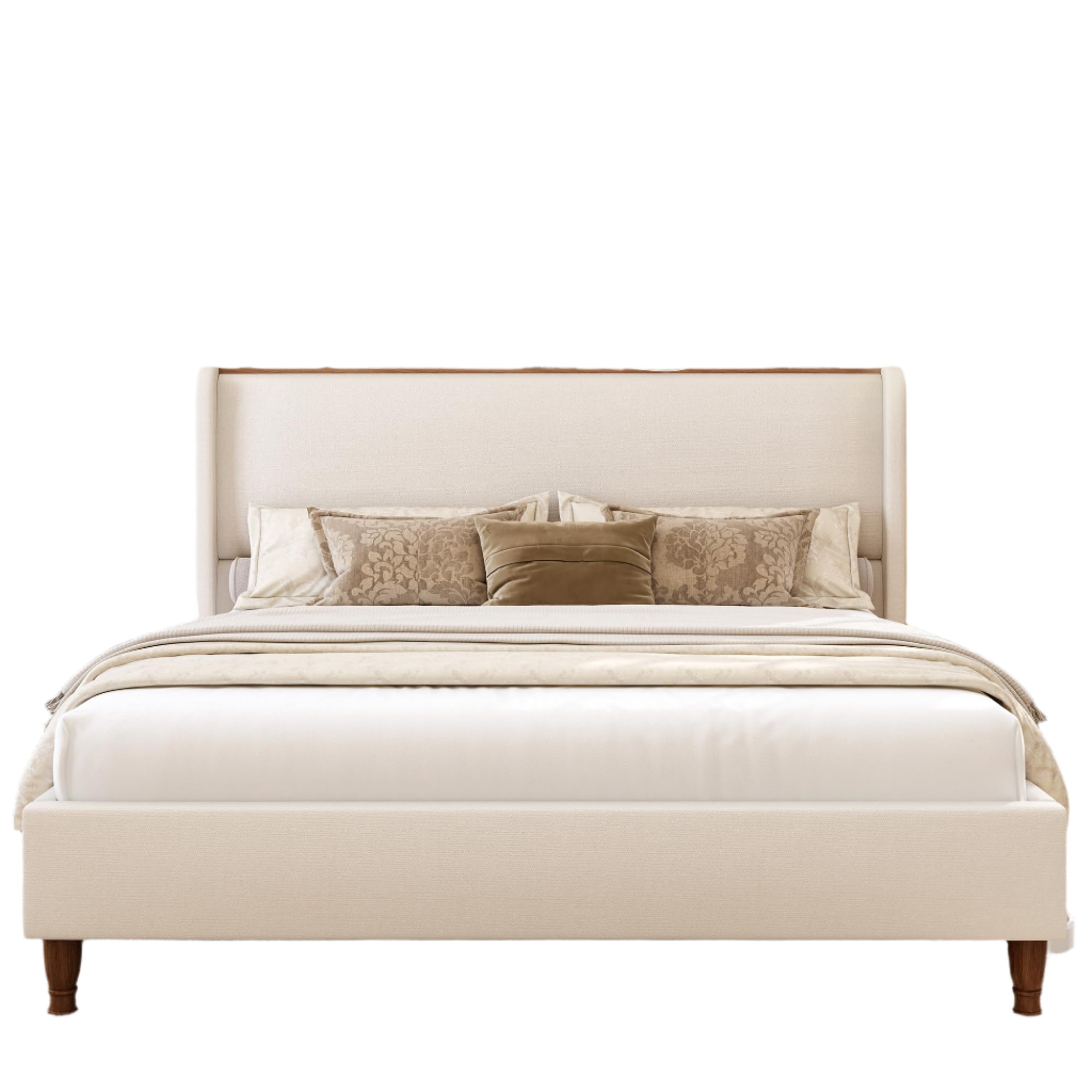 Queen Size Bed Frame with LED Lights and Charging Station Linen Upholstered Platform