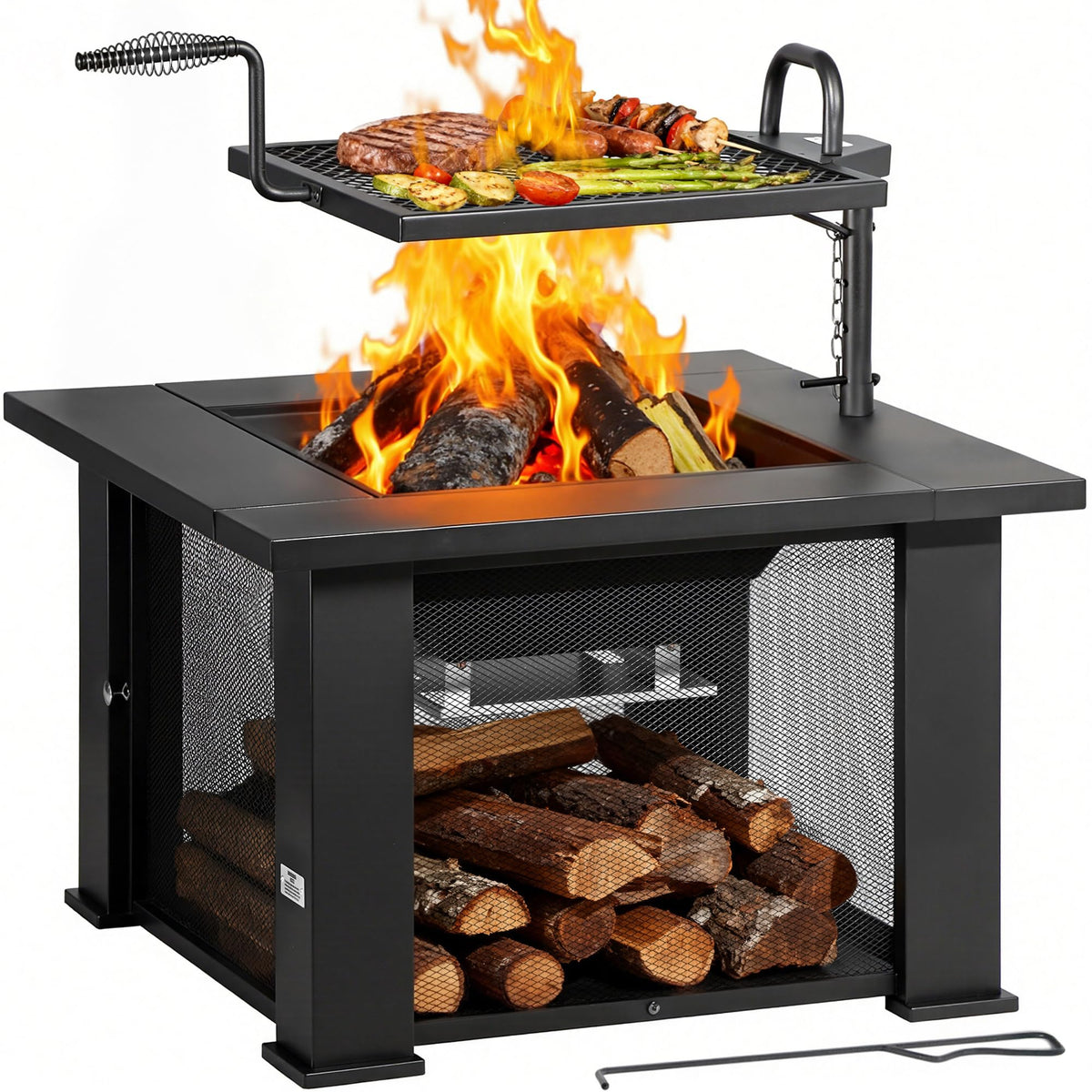 3-in-1 Square Wood Burning Fire Pit with BBQ Grate & Storage