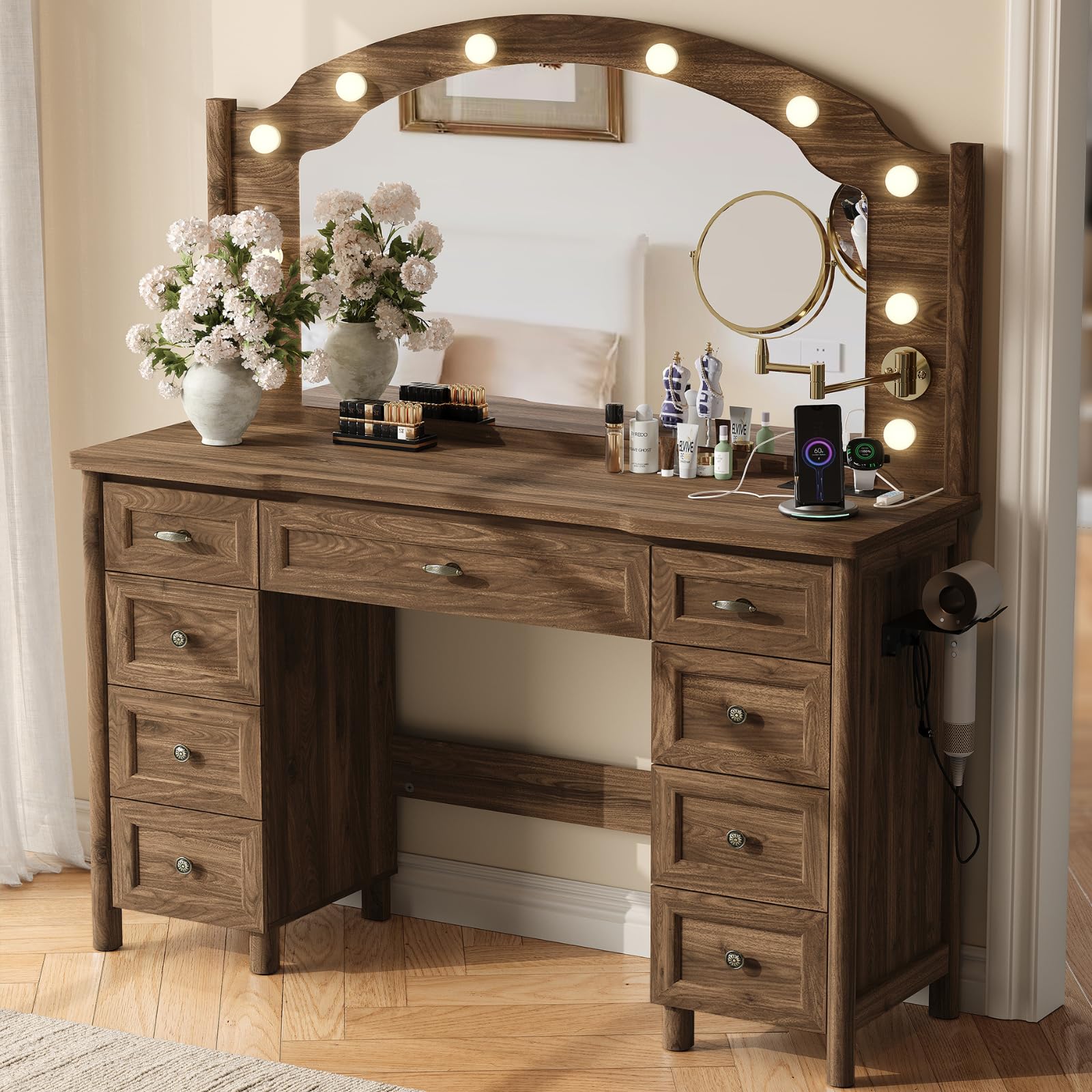 9-Drawer Vanity Desk with Mirror & Lights