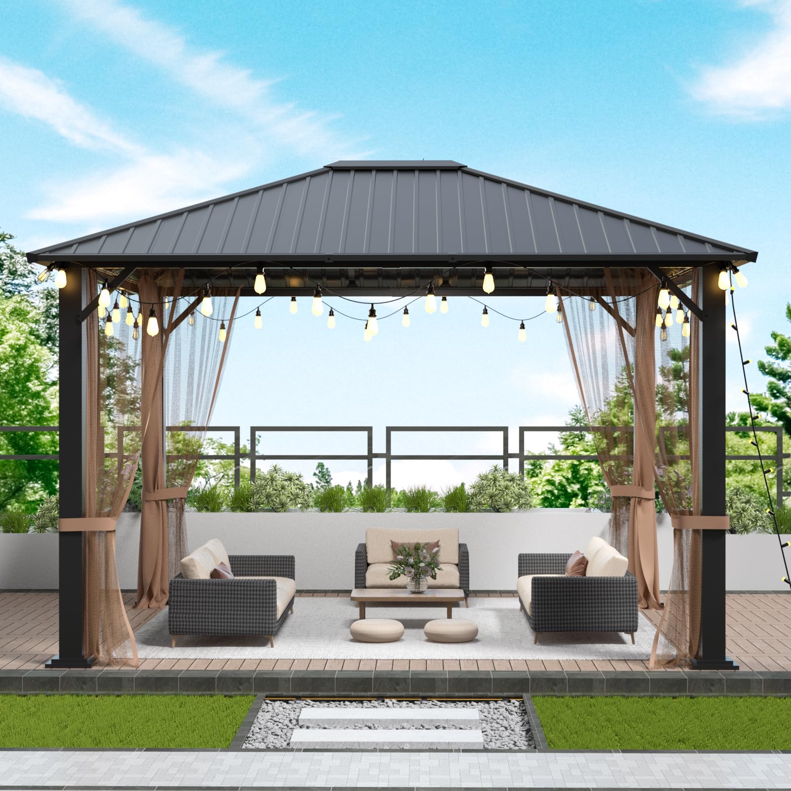 10x12 Hardtop Metal Gazebo, Heavy Duty Galvanized Steel & Mosquito Nets Outdoor Canopy for Garden, Patio, Backyard