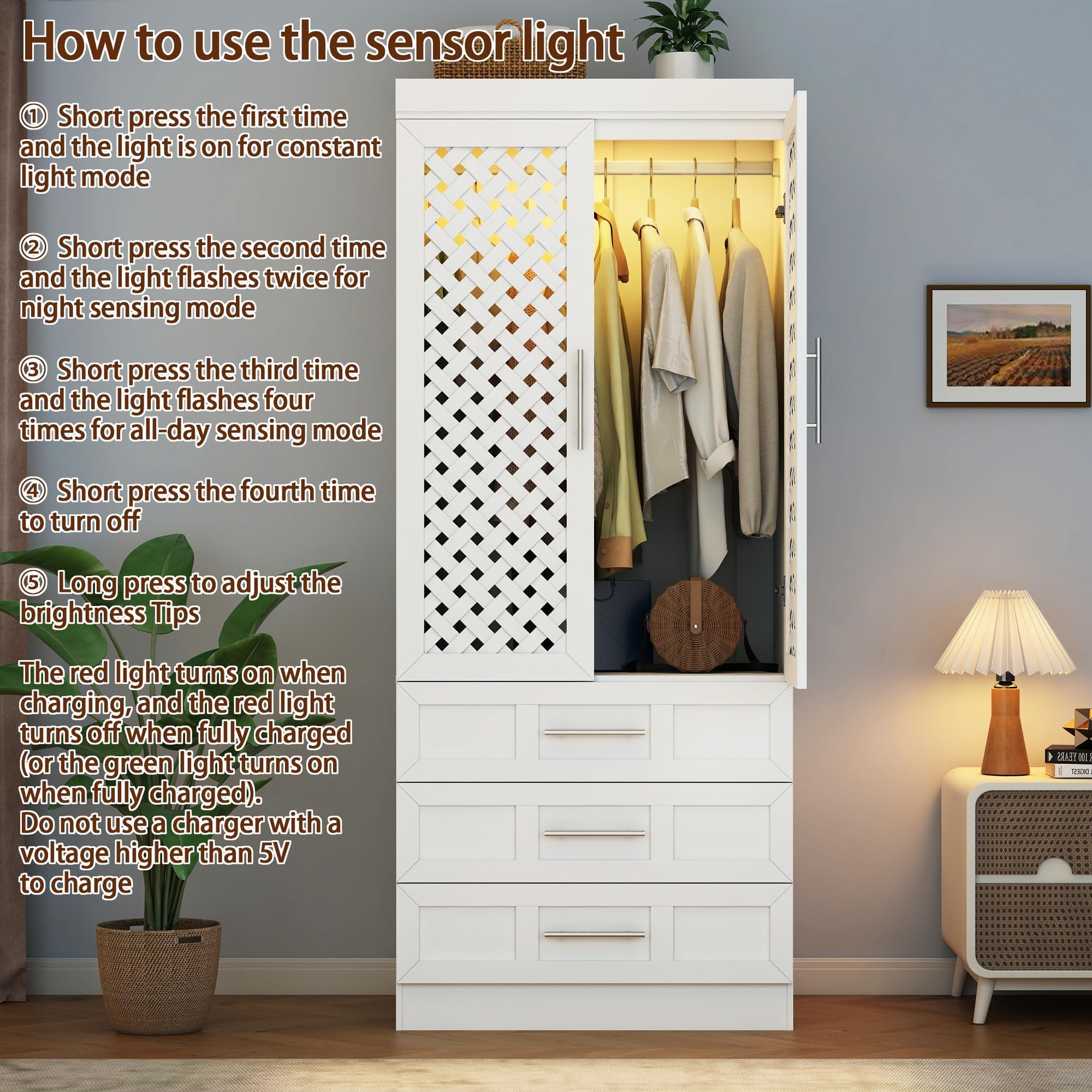 Wardrobe Closet with 2 Woven Doors 75.6" Large Armoire