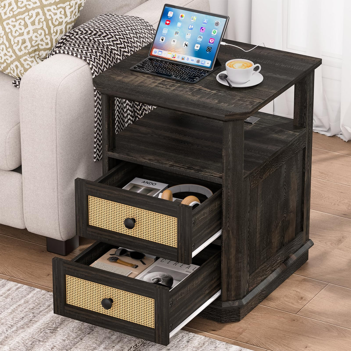 Farmhouse Nightstand with Charging Station & Rattan Drawers