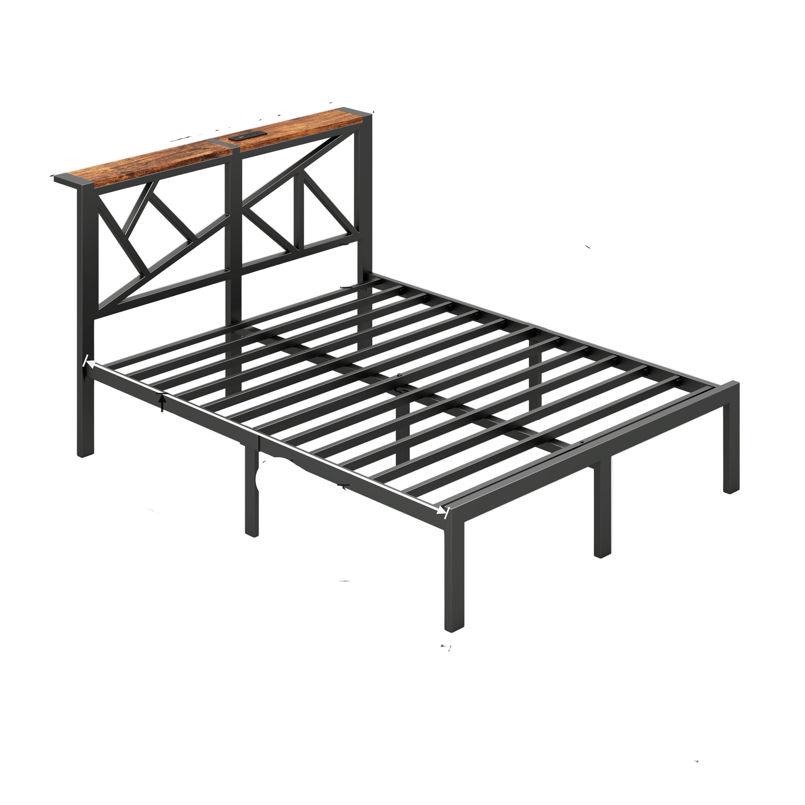 Queen Size Metal Bed Frame with LED Lights, Storage Headboard