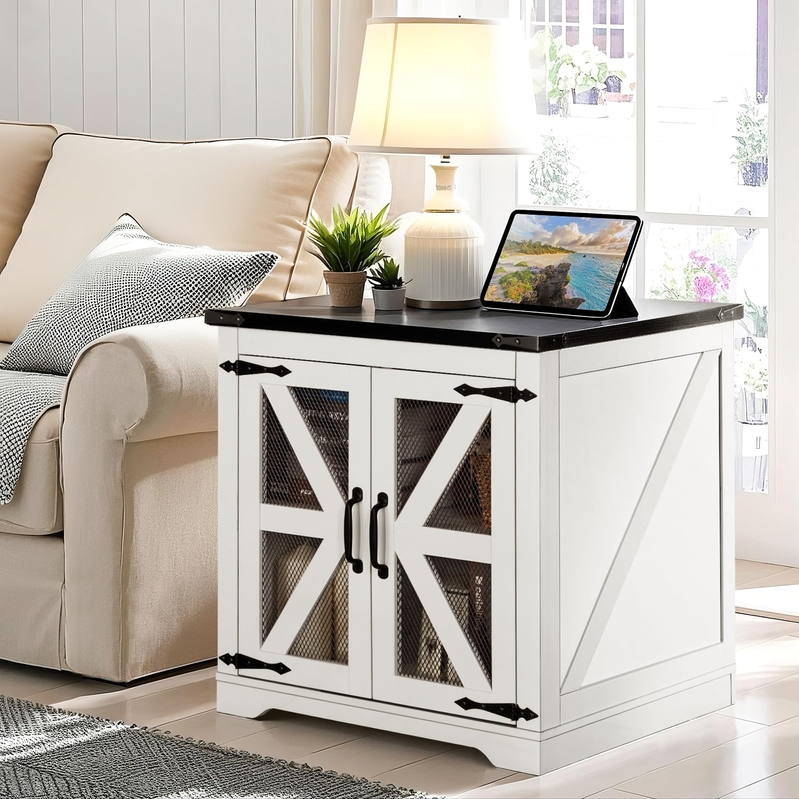 Farmhouse End Table, 24" Large Sofa Side Table with Charging Station