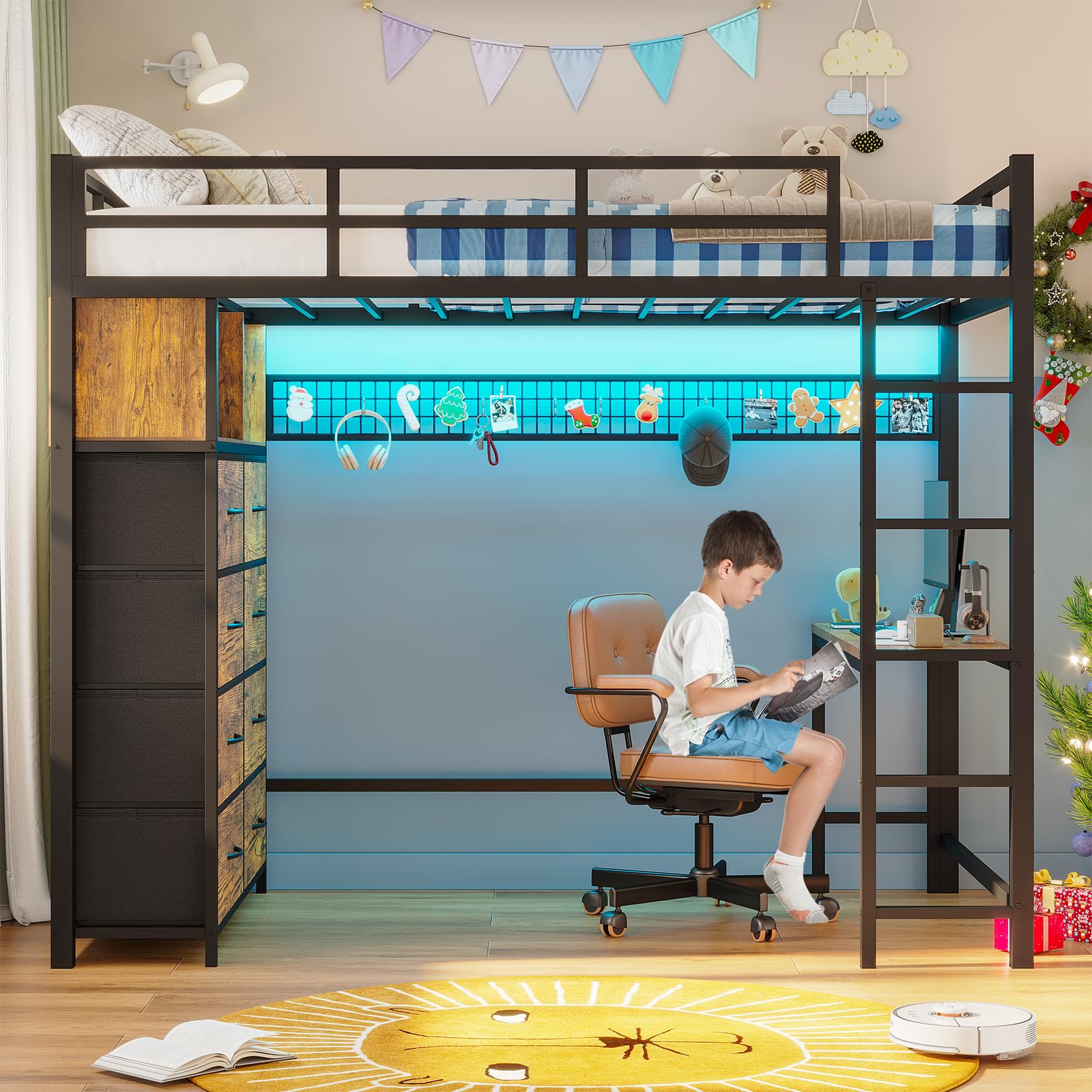 Twin Size Loft Bed with Desk and 8 Storage Drawers, Metal Kids Loft Bed Twin