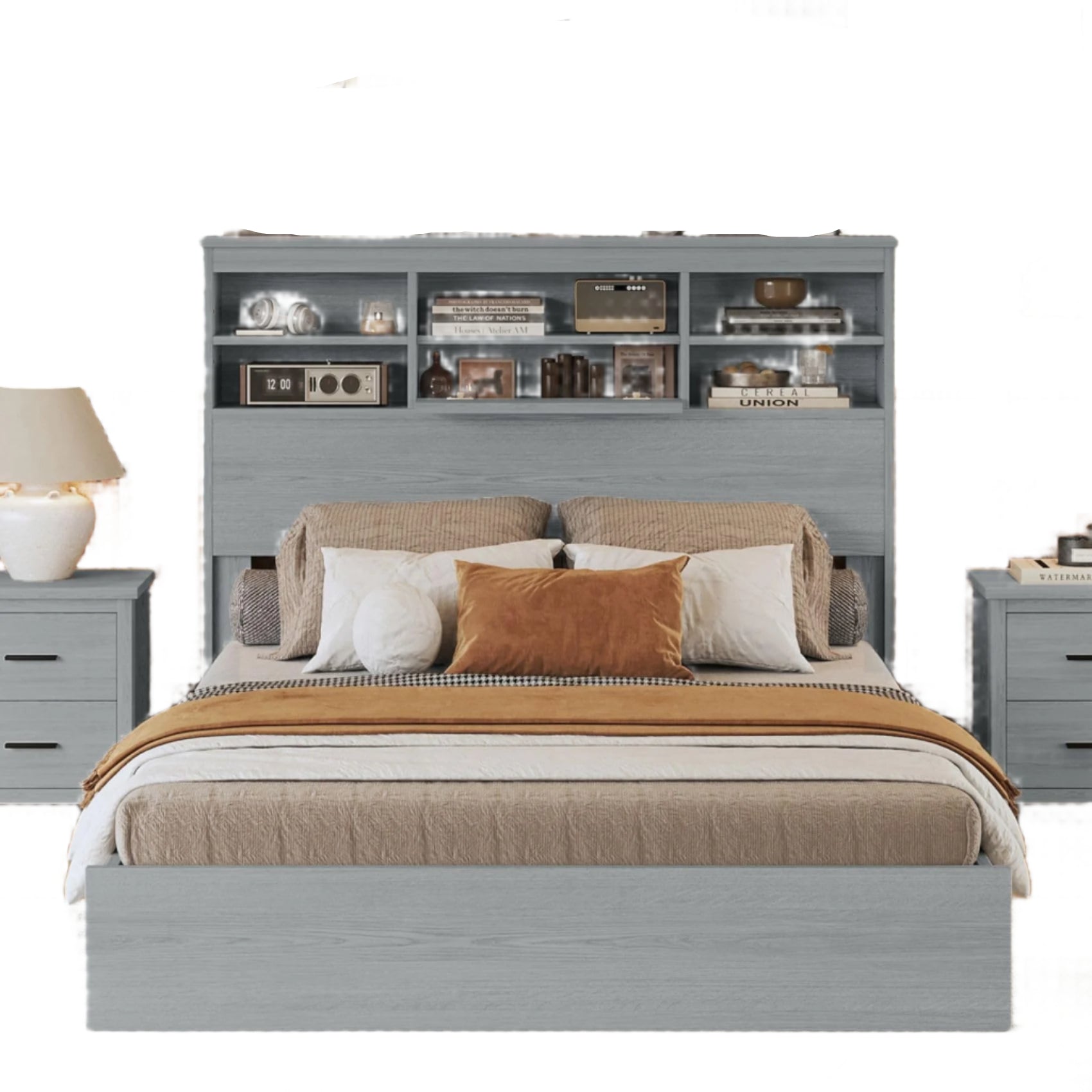 4-Pieces Queen Size Bedroom Set, Platform Bed Frame with Storage Headboard