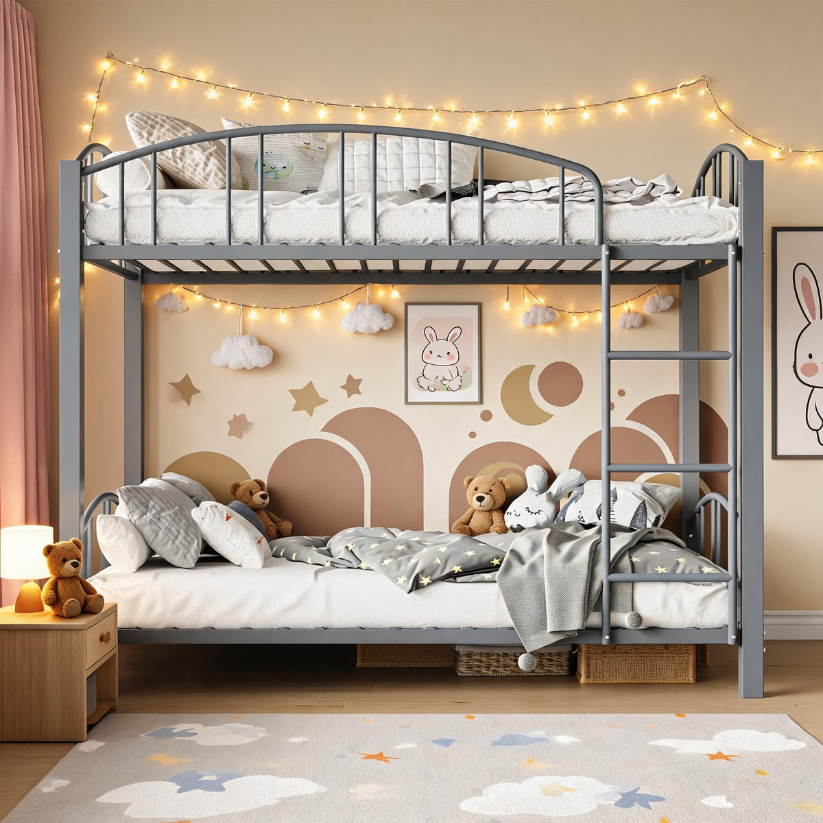 Metal Twin Over Twin Bunk Bed with Guardrail & Safety Ladder
