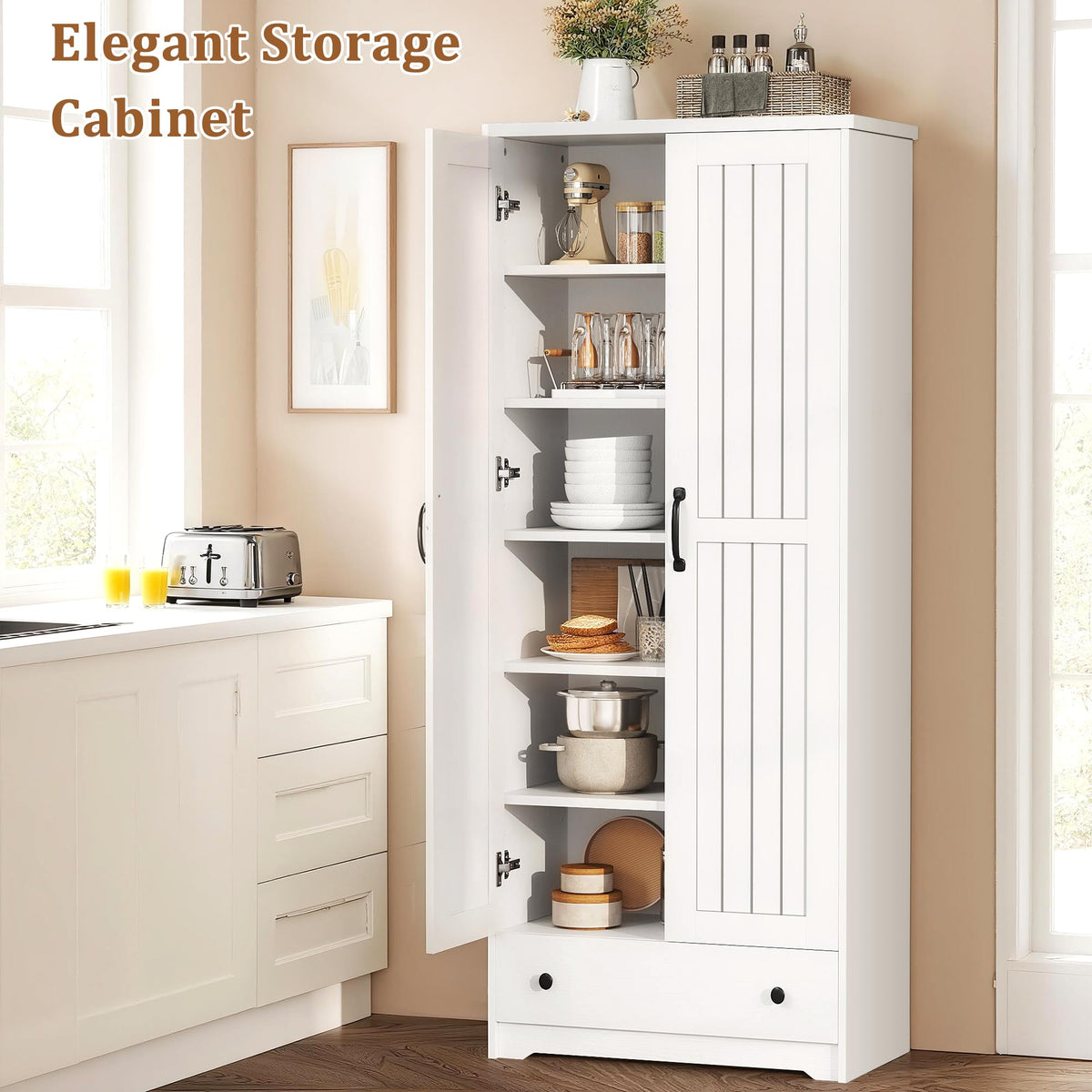 70" Tall Storage Cabinet with 6 Adjustable Shelves, 2 Doors & 1 Drawer
