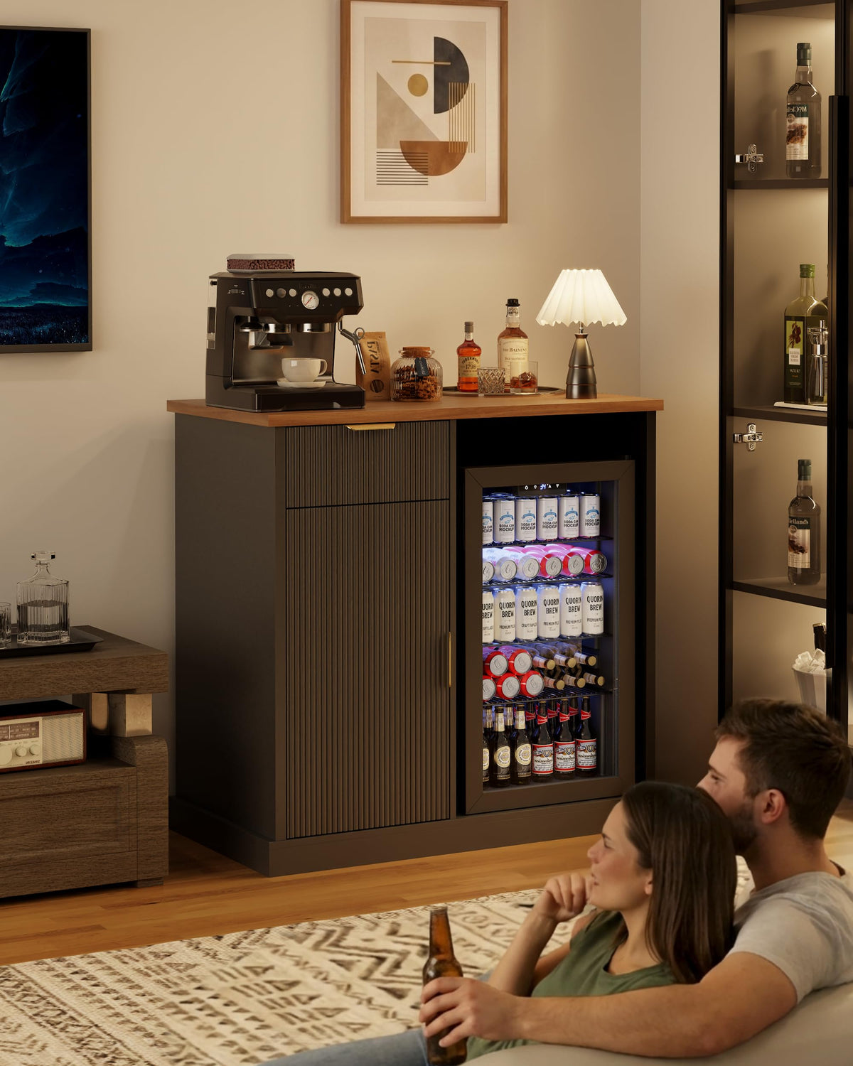 Fluted Coffee Bar Cabinet with Fridge Space & Power Outlet
