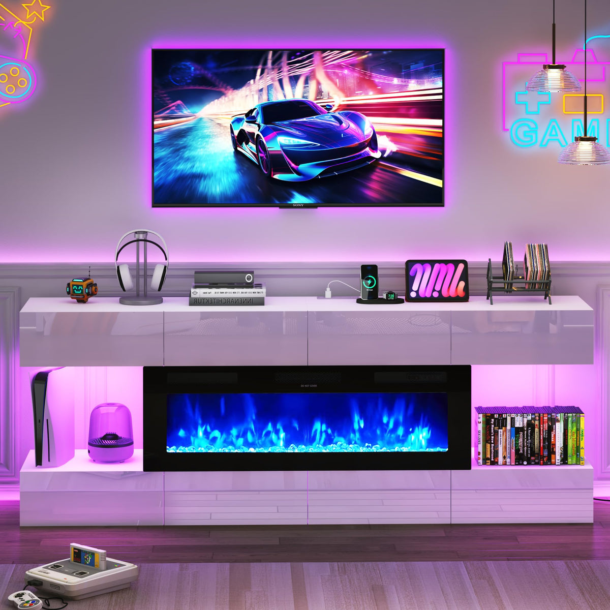 81" Fireplace TV Stand with Electric Fireplace & LED Lights
