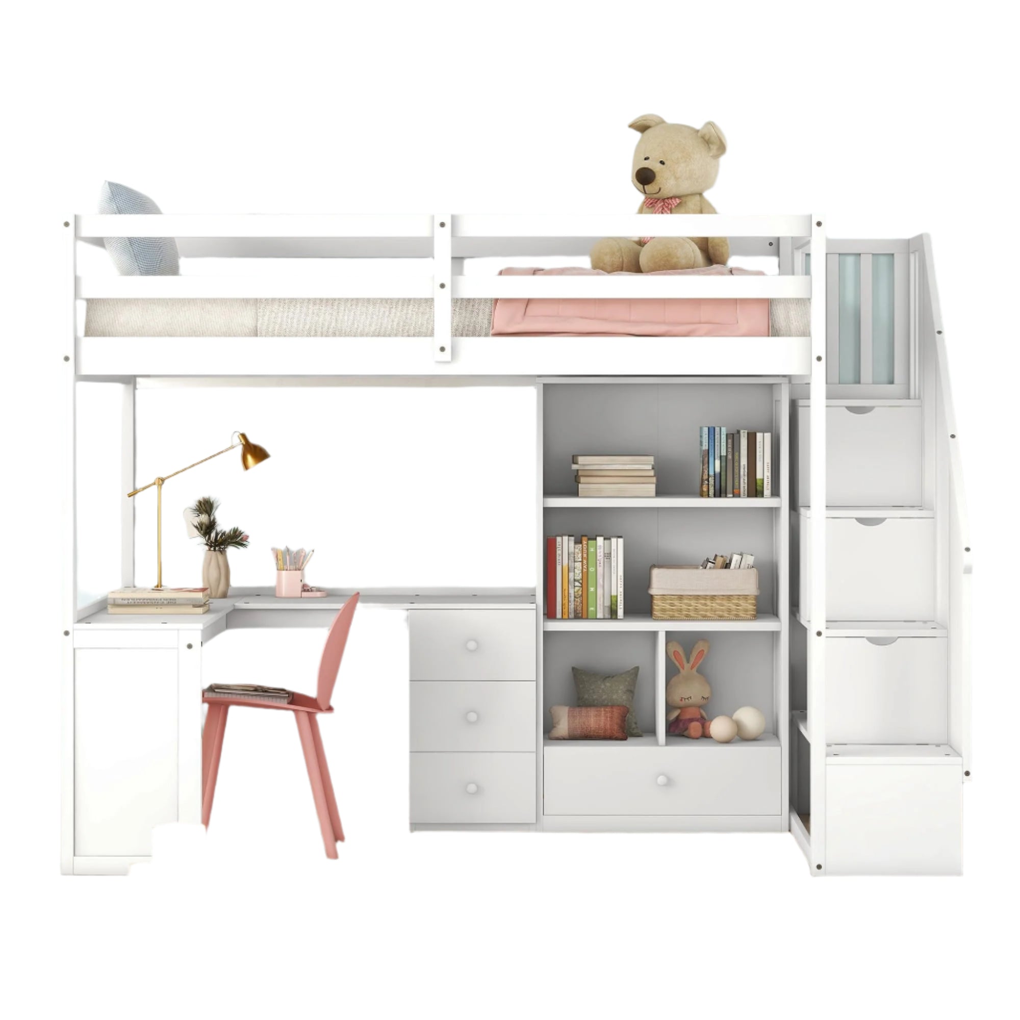 Size Loft Bed, Kids Bed Frame with L-Shaped Desk, Drawers, Cabinet