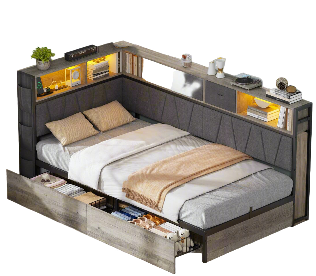 Twin XL Corner Bed Frame with Storage Bookcase
