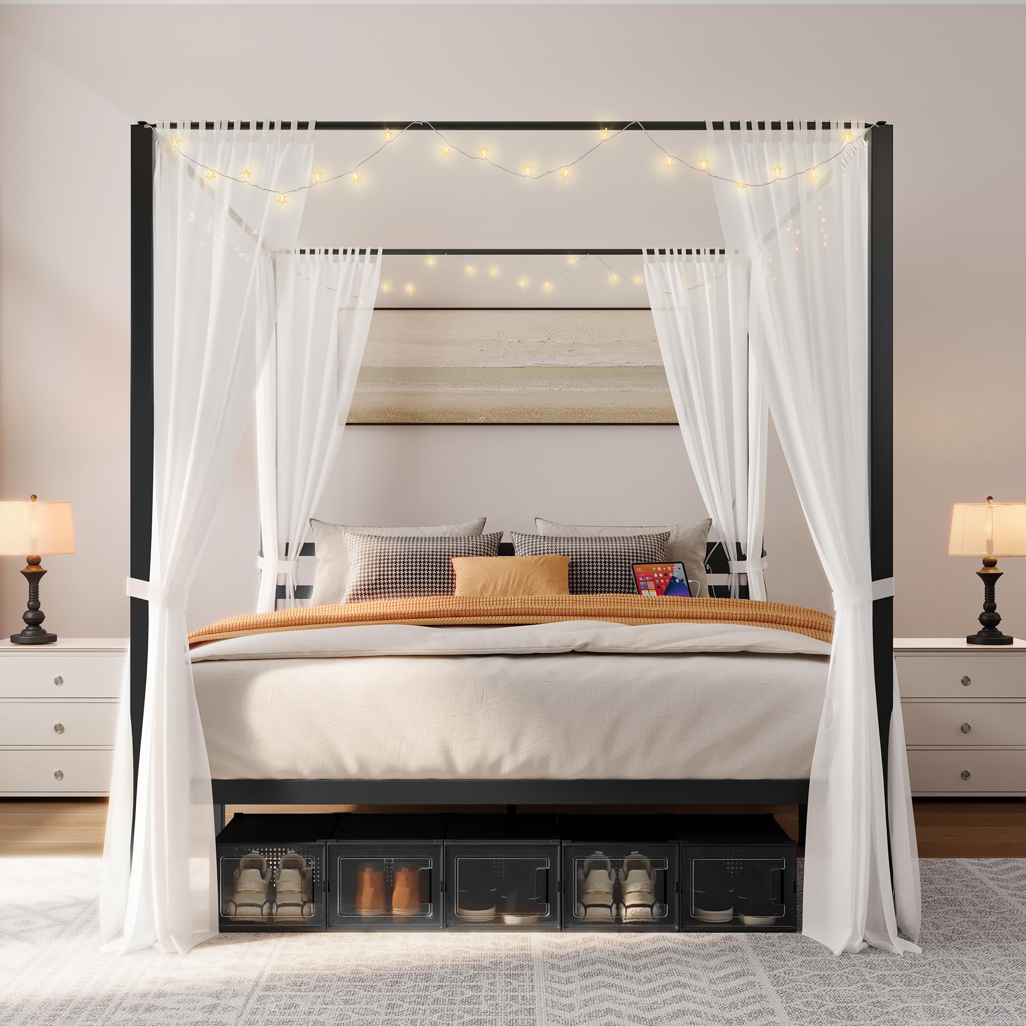 King Canopy Bed Frame, Four Poster Design with USB Charge Station & Star LED Light