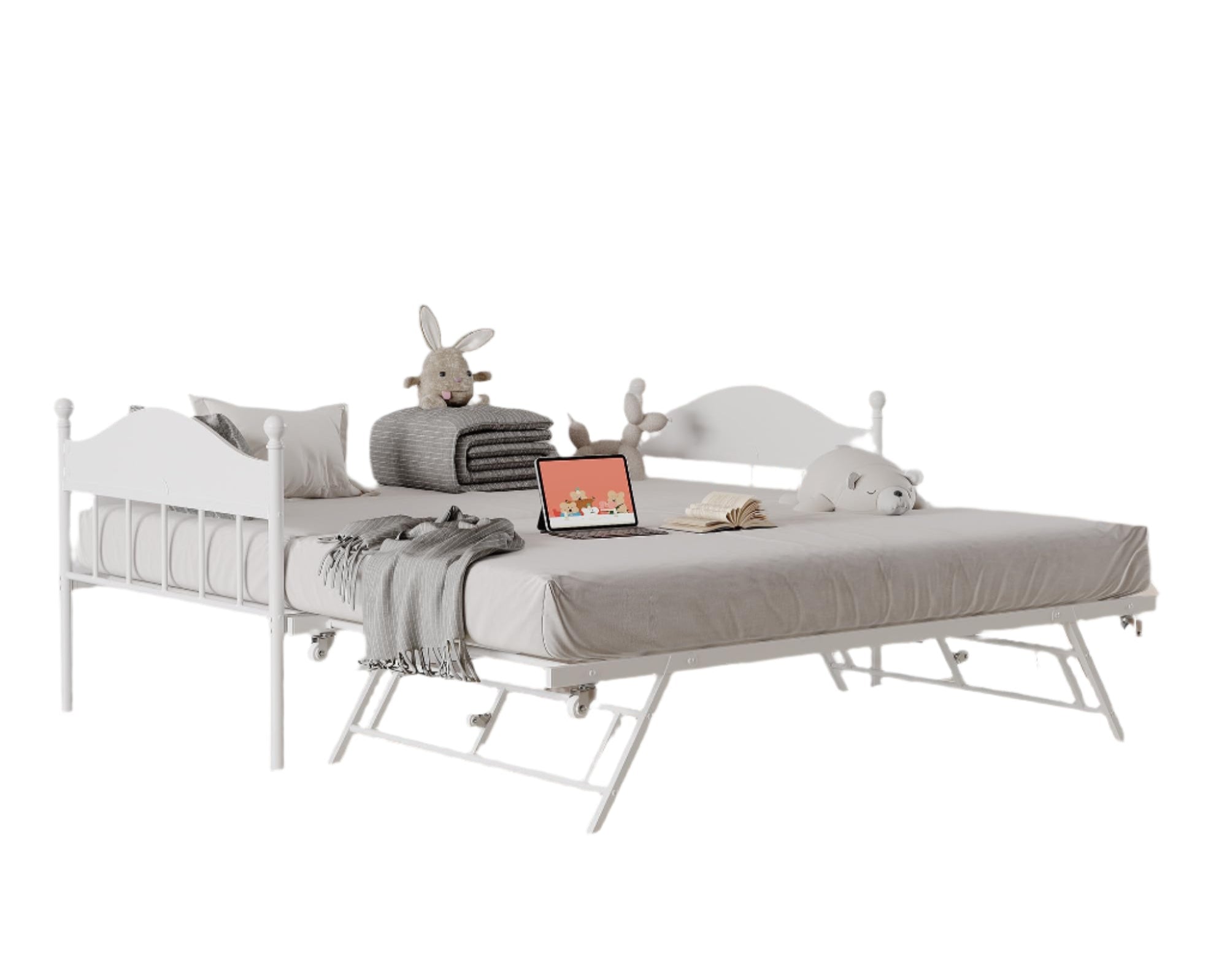 Daybed with Trundle, Metal Twin Bed Frame with Pop Up Foldable