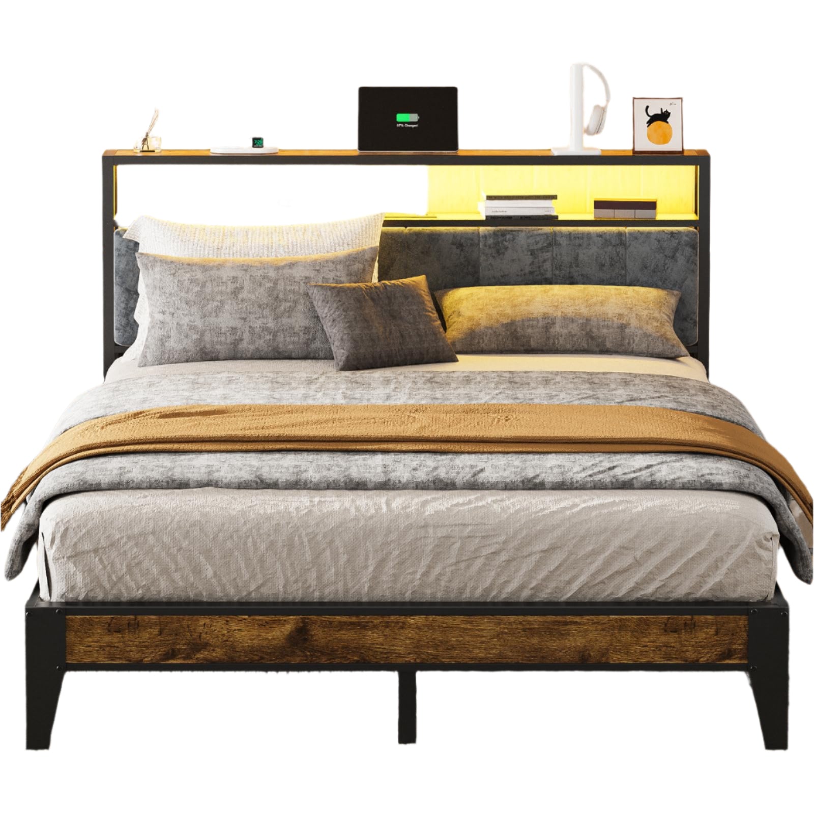 Frame Metal Platform Bed Queen Size with 2-Tier Storage & LED Light Headboard