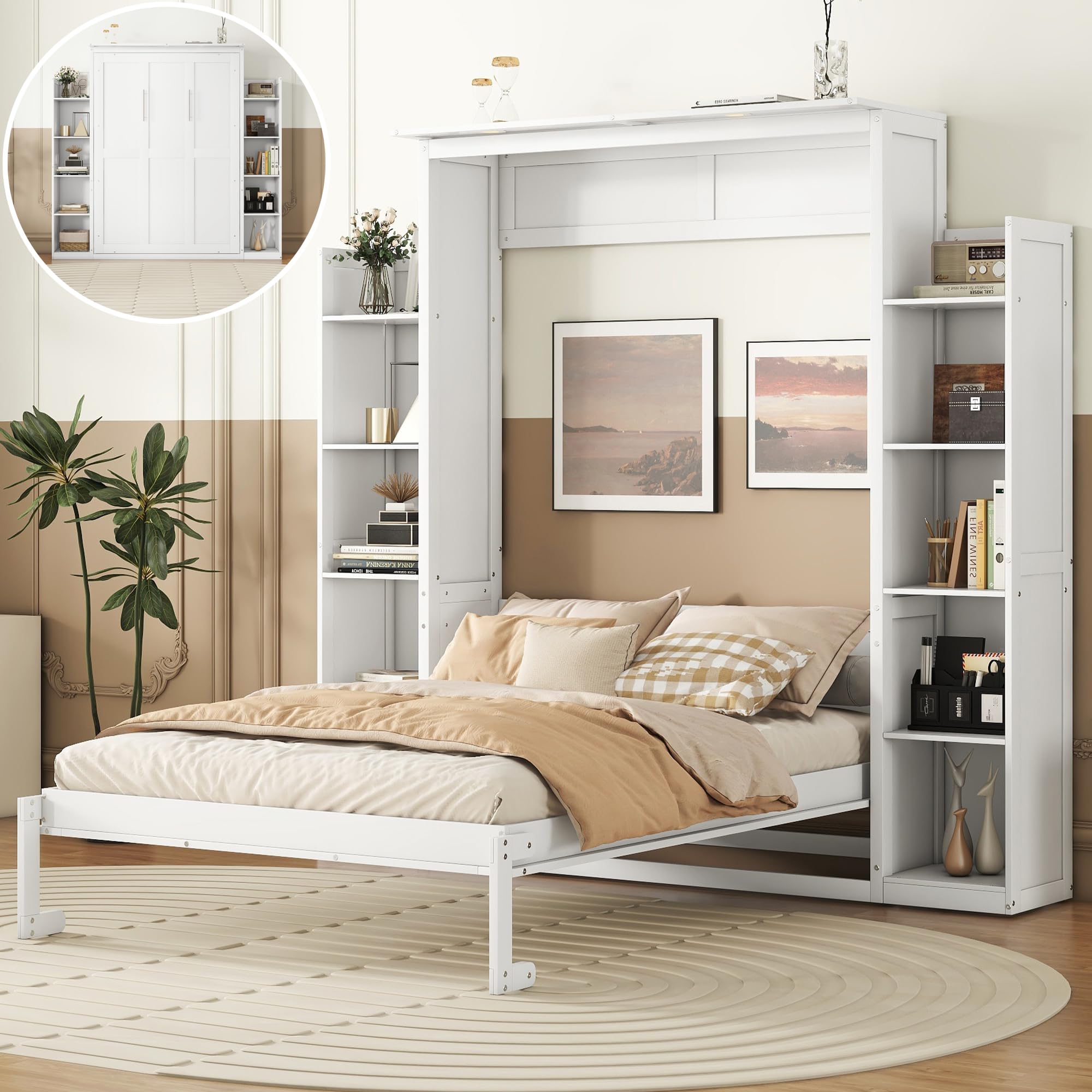 Designs Full Size Murphy Bed, Wooden Full Murphy Bed Wall Bed with Shelves