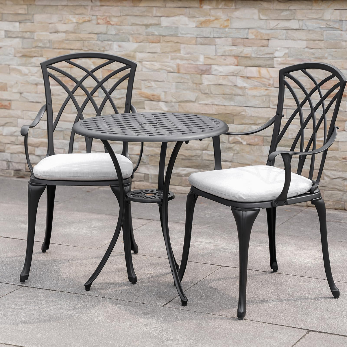 3-Piece Cast Aluminum Patio Bistro Set with Cushions & Umbrella Hole