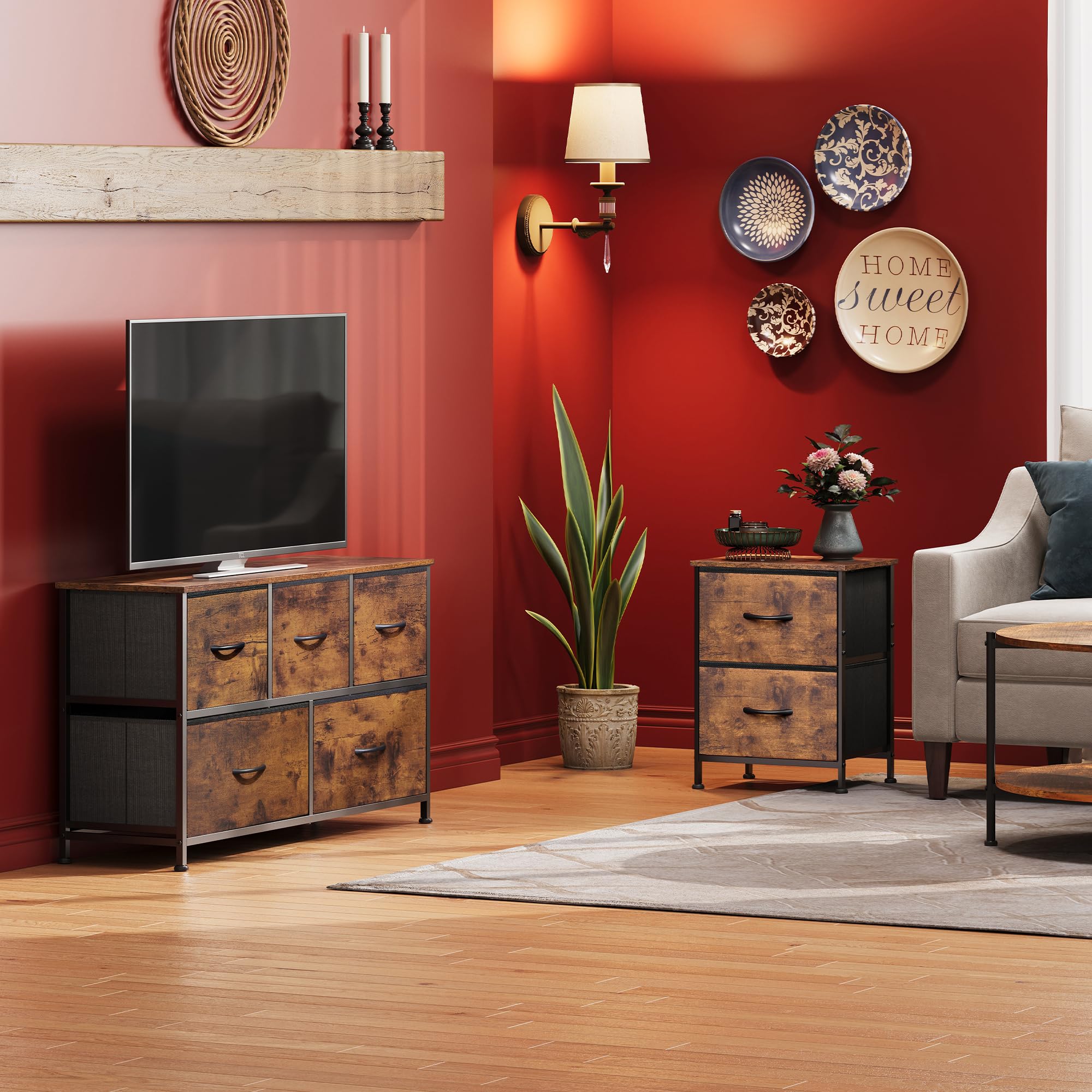 2-Drawer Nightstand and 5-Drawer Dresser Set, Fabric Storage Tower for Bedroom