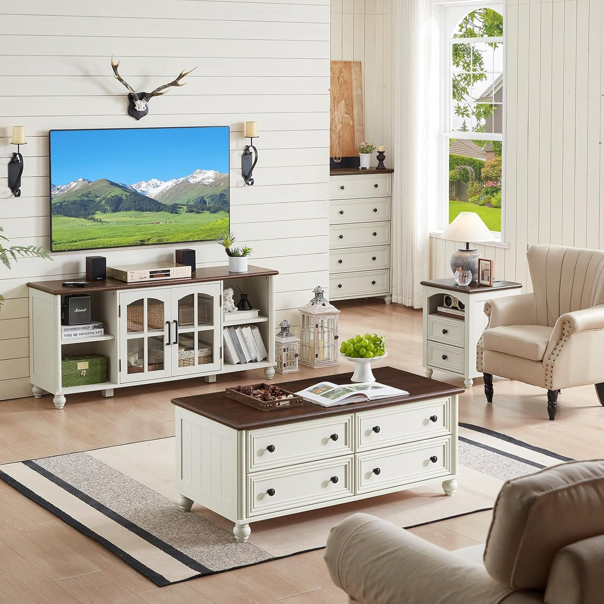 Farmhouse TV Stand & Coffee Table Set with Drawers
