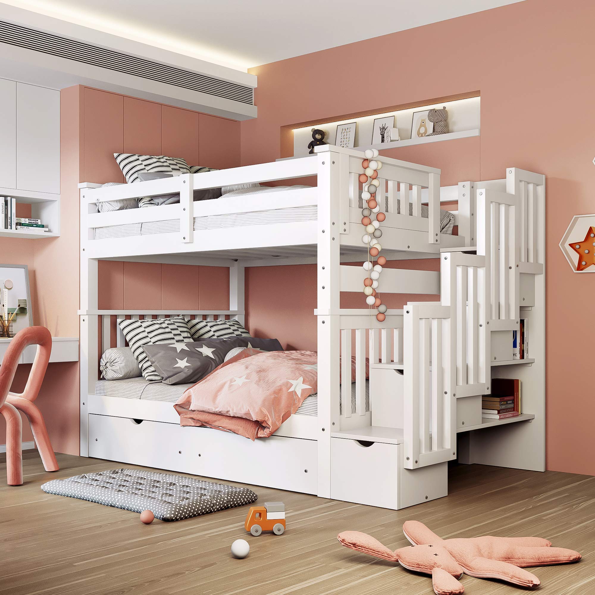 Wood Full Over Full Bunk Bed with Stairs - 6 Storage Drawers