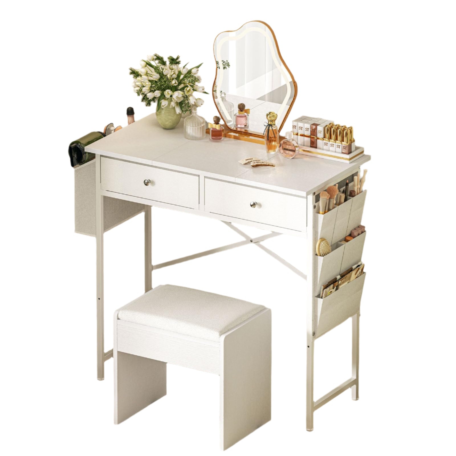 White Vanity Desk with Fabric Drawer, 32 Inch Small Makeup Vanity Desk No Mirror No Chair
