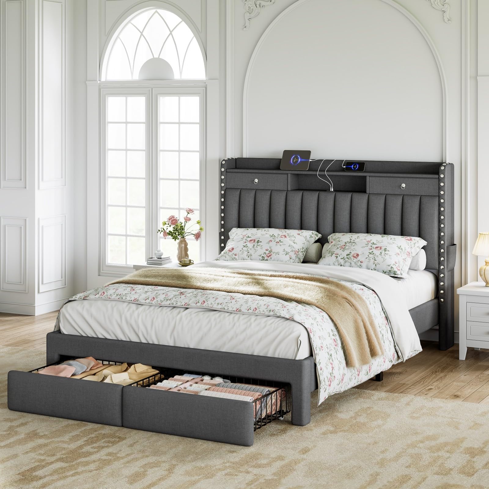 Size Upholstered Platform Bed Frame with 2-Tier Storage Headboard