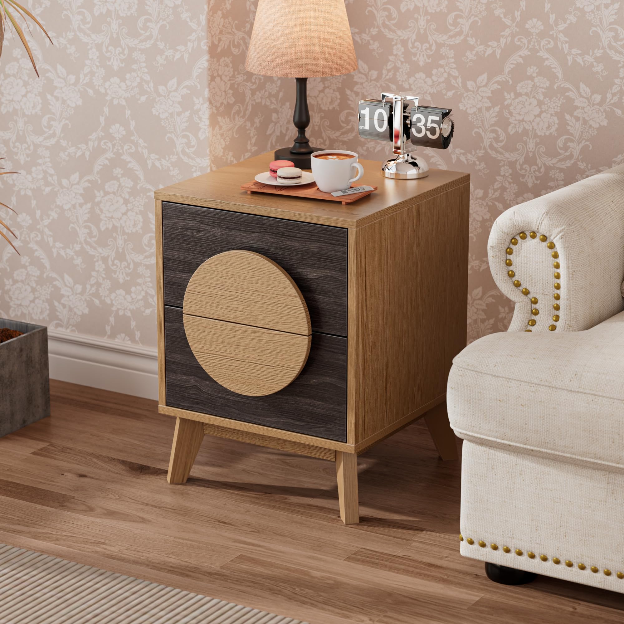 Nightstand with 2 Drawers, 16" Bedside Table with Storage a