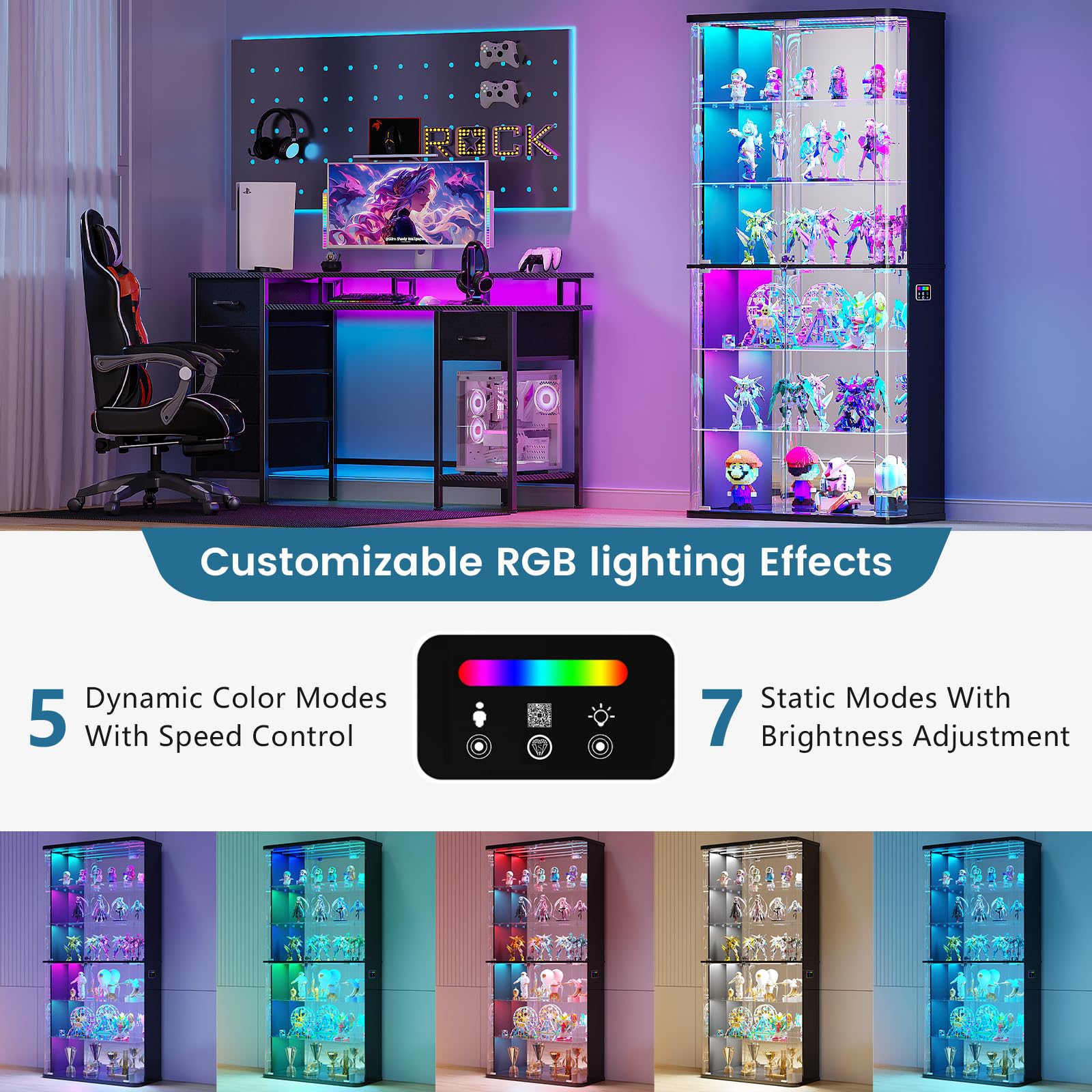 71" Tall Glass Door Display Cabinet with RGB Lights & Motion Sensor