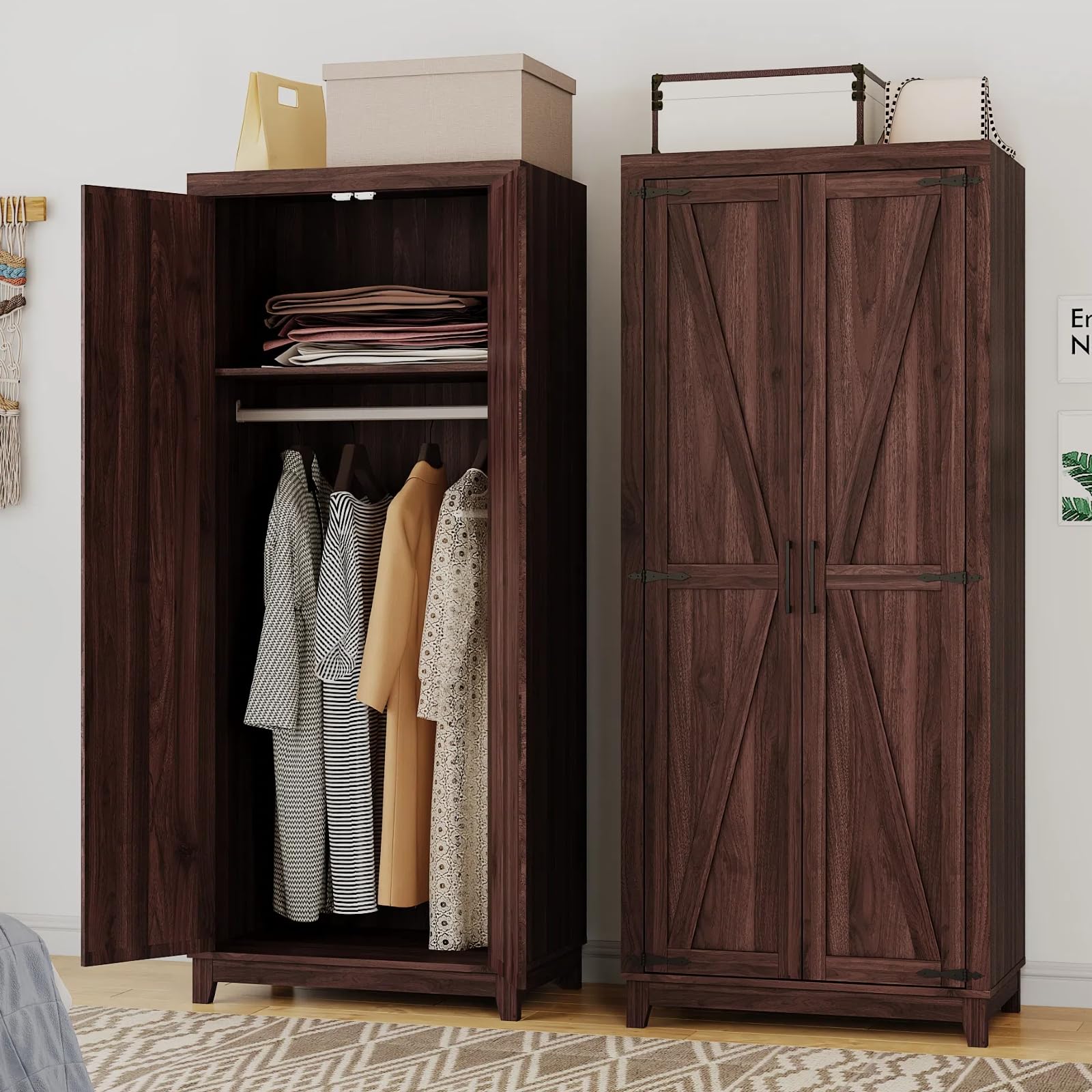 Wooden Wardrobe Closet with Door, 70" Tall Bedroom Armoire with Hanging