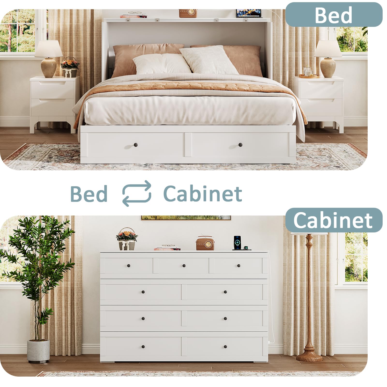 LIVAUVEAD Queen Murphy Bed with Storage & Charging Station, Murphy Cabinet with Foldable Panel, Noisy Free, for Guest Bedroom, Living Room, Office, Distressed White