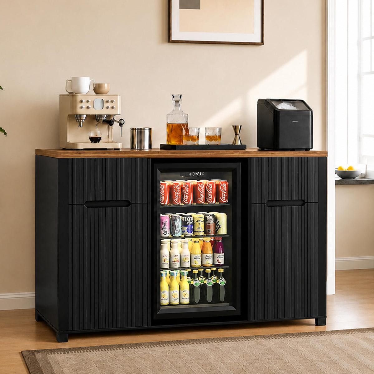 53" Coffee Bar Cabinet with Fridge Space, Power Outlet & Wine Rack