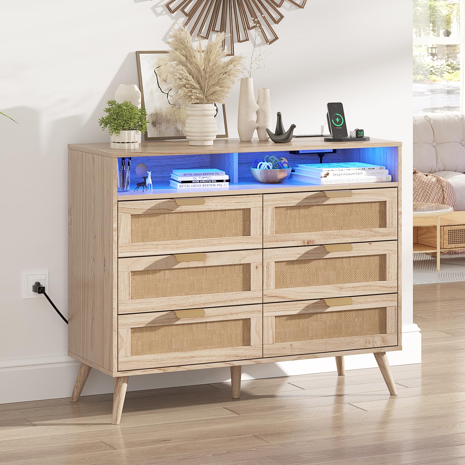 6 Drawer Rattan Dresser for Bedroom,41" Wide Modern Chest of Drawers