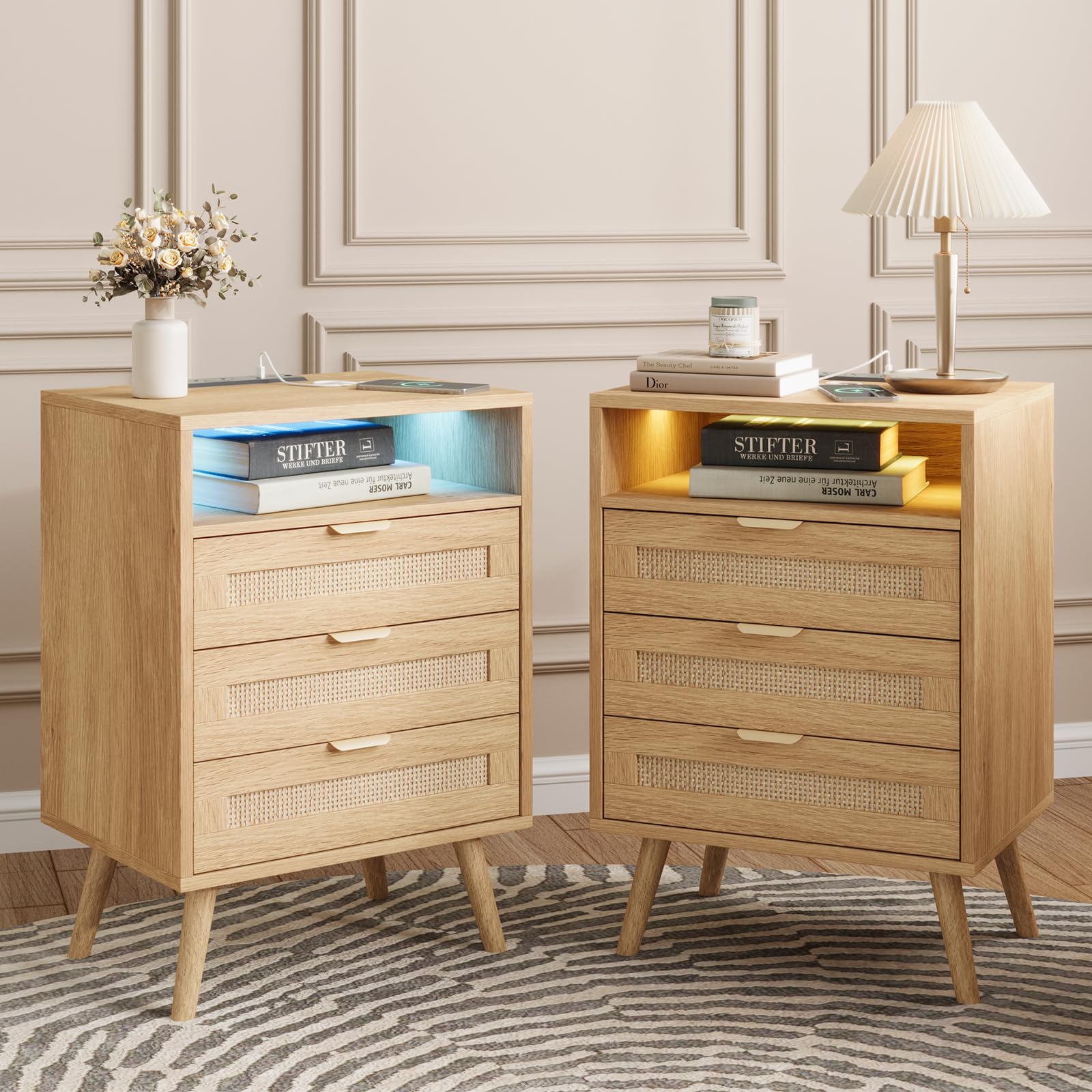 Rattan Nightstand with Charging Station USB Port Led Lights and 3 Storage Drawers